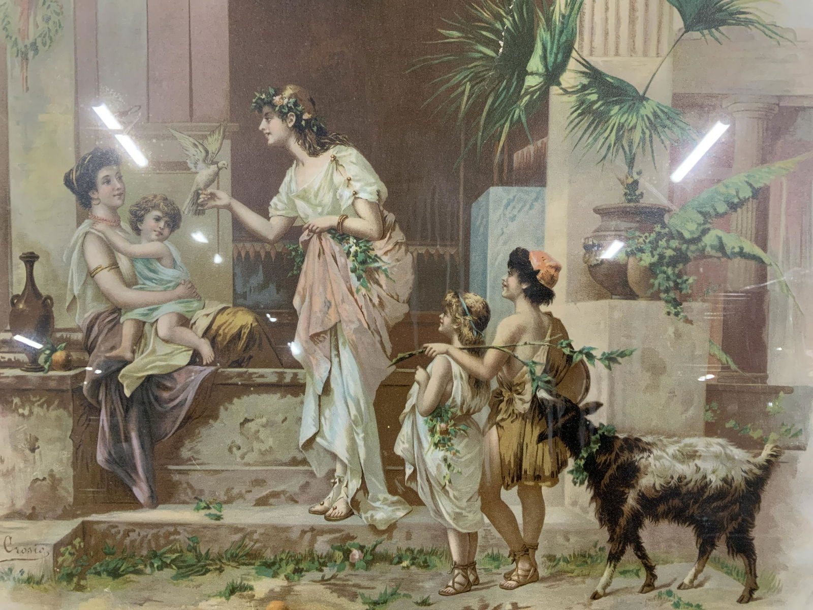 LUIGI CROSIO Lithograph, Women & Children: LUIGI CROSIO Lithograph, Women & Children, inscription to lower left reads ‘L Crosio’, subject classical figures in front of a home, measure 19 7/8 x 23 3/4 inches, wooden frame, some chips and sc