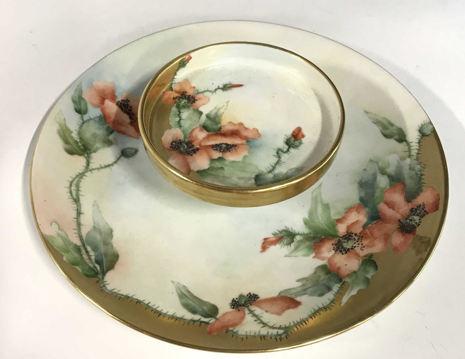 Antique French Procelain Serving Plate: Vegetable and dip, horns d'oeuvres platter, hand painted gilded accents, marked underside Limoges France, signed m. D. Meserve, T & V Limoges France, diameter 10 inches ht 3.5 inches