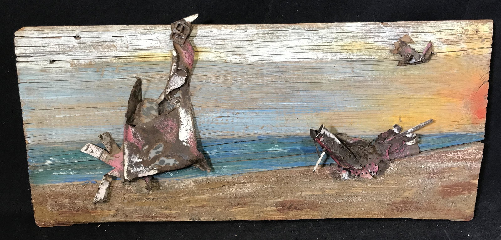 Abstract Minimalist Mixed Media on Wooden Plank: Abstract minimalist mixed media on wooden plank, no apparent signatures or stamps, subject an abstract beach scene painted on wood with metal pieces affixed to the surface, measures 10 inches tall by 