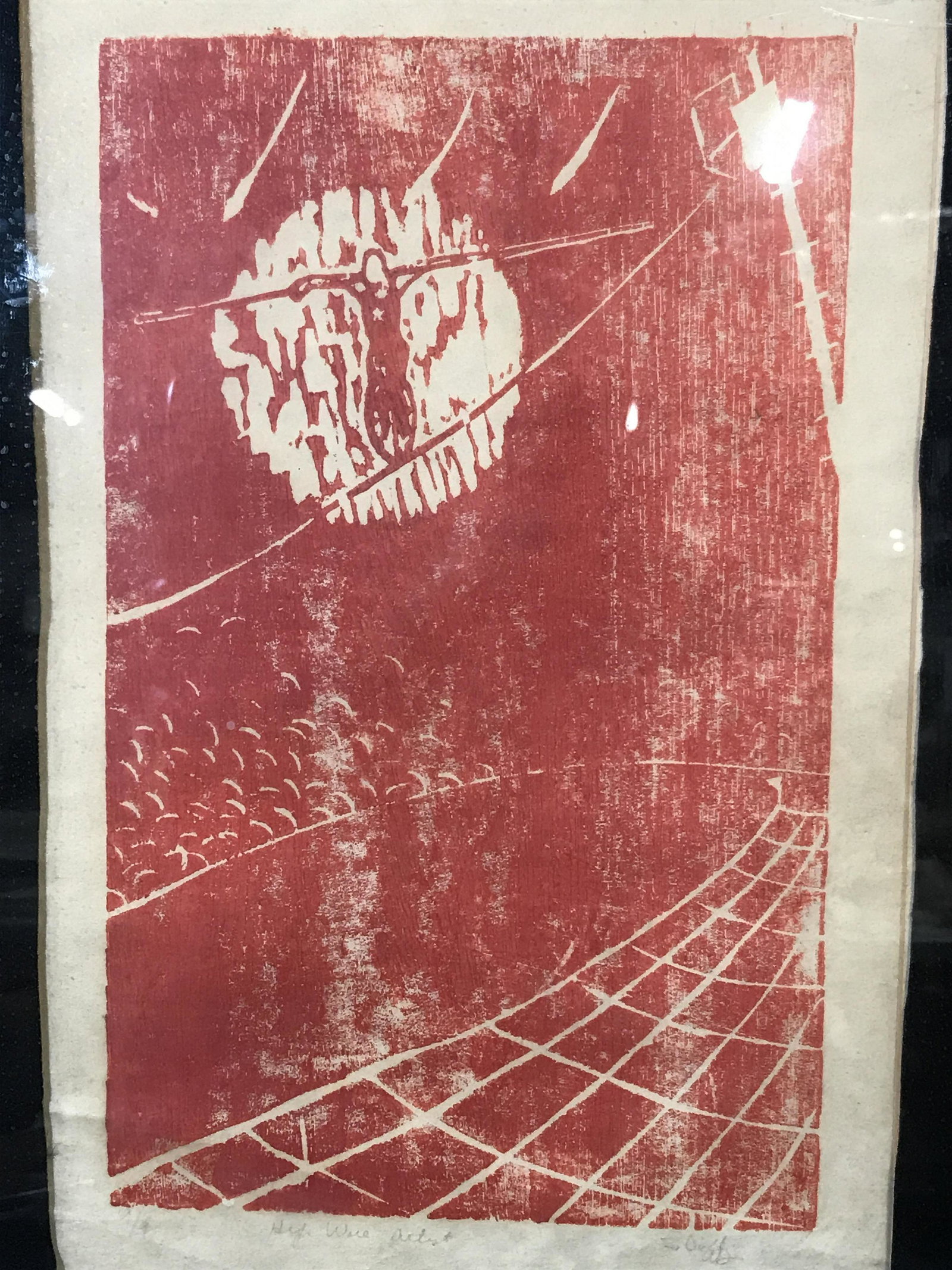 Signed Woodcut Artwork Print: Signed woodcut artwork print, signature title and edition to lower border all in pencil and faded now illegible to read, subject depicts a tightrope walker with pole on back and net below them, black 