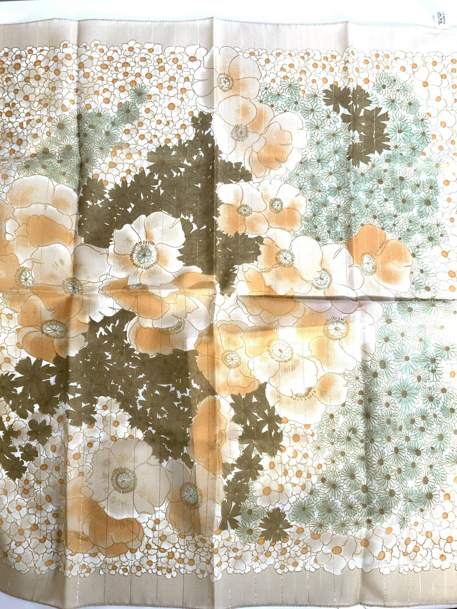 Italian Floral Ladies Square Neck Scarf, Gift Box: Muted colors with gold thread vertical striped through floral design. Label reads made in Italy. Polyester. Comes with gift box that fits scarf. Appears like new. 27 x 27; in. Floral Scarf, ladies Wea