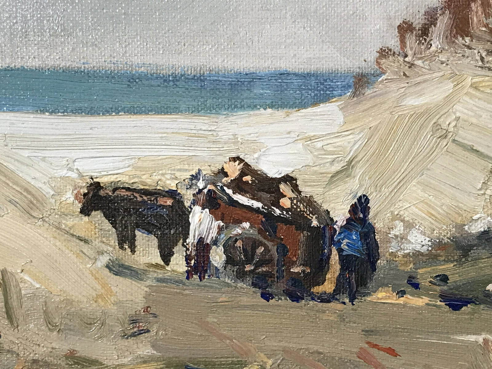 George G. Johns Signed Oil Painting ‘Sand Dunes’: George G Johns signed oil on board ‘Sand Dunes’ painting, signature to the lower right corner reads ‘Geo. G. Johns’, subject a beach landscape with a cart of people and a horse to the right, t