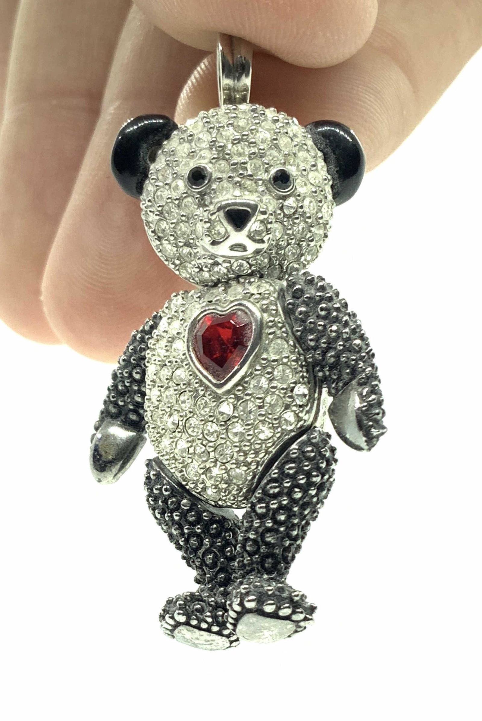 PJM Articulated Crystal Bear Pendant / Brooch: An articulated metal bear form crystal pendant / brooch. A multipurpose piece of jewelry. The bear has a bail that tucks away into the back of it’s head when not in use. The underside also features 