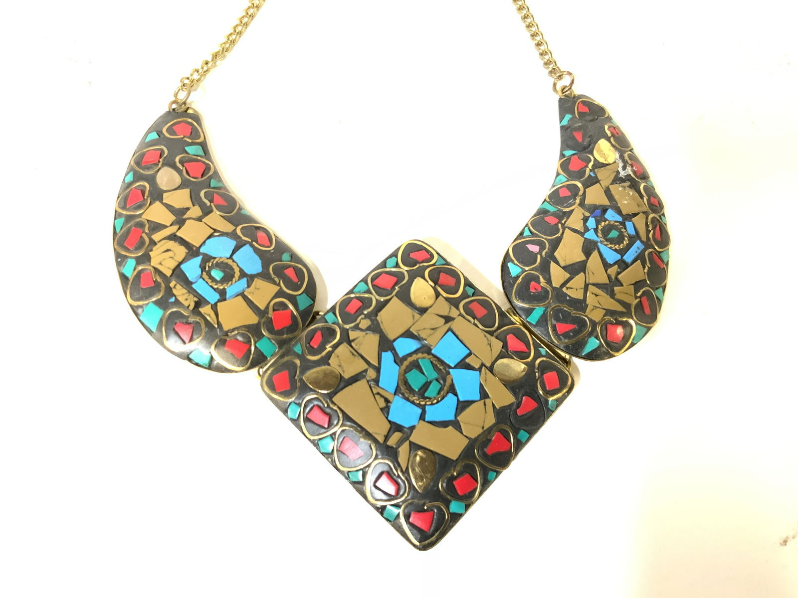 Inlaid MOSAIC CHUNKY PENDANT Necklace (1 of 7)