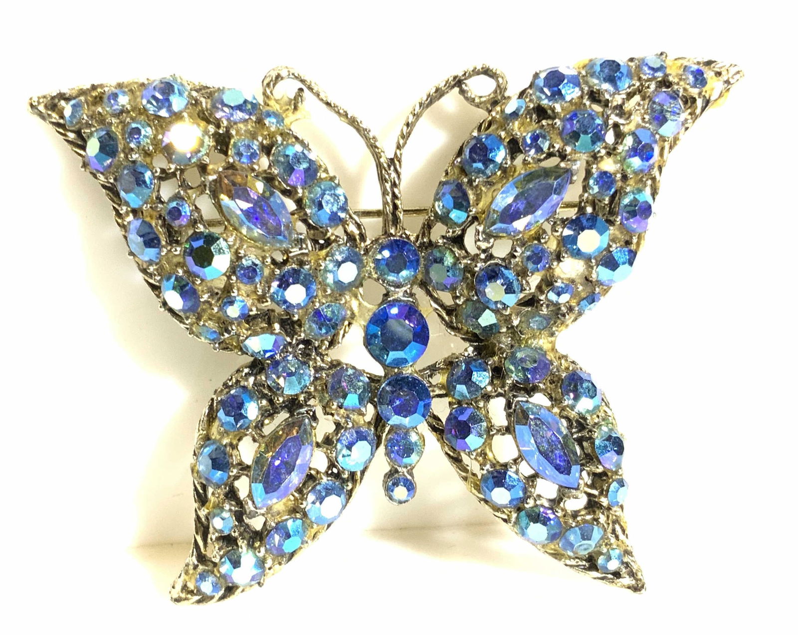 Butterfly Aurora Borealis Rhinestone Blue Brooch (1 of 9)