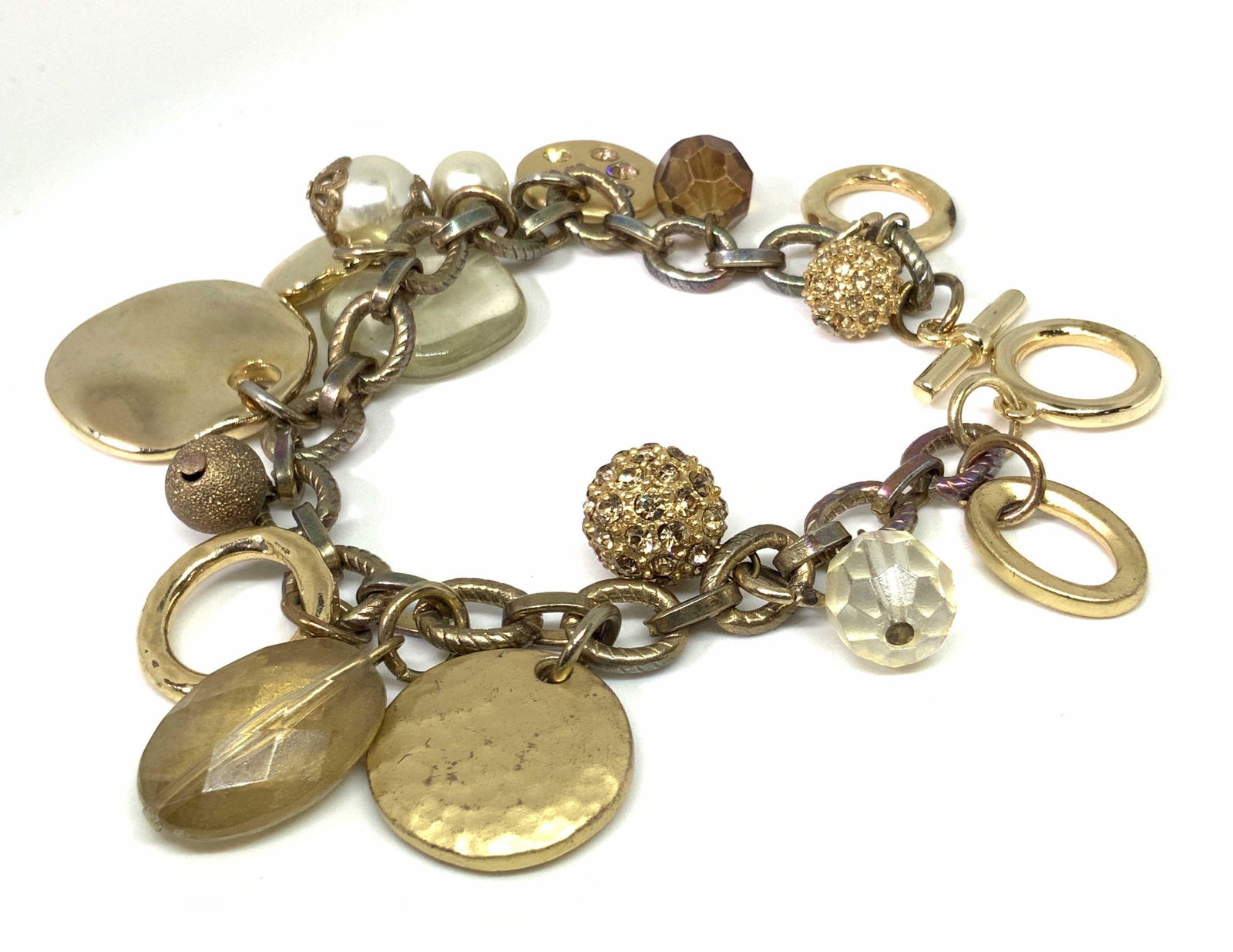Vintg Toggle Pearlescent & Crystal Charm Bracelet (1 of 10)