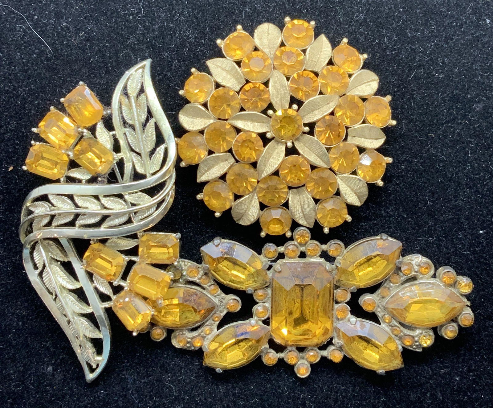 Lot 3 Amber toned Rhinestone Brooches, SARAH COV (1 of 7)