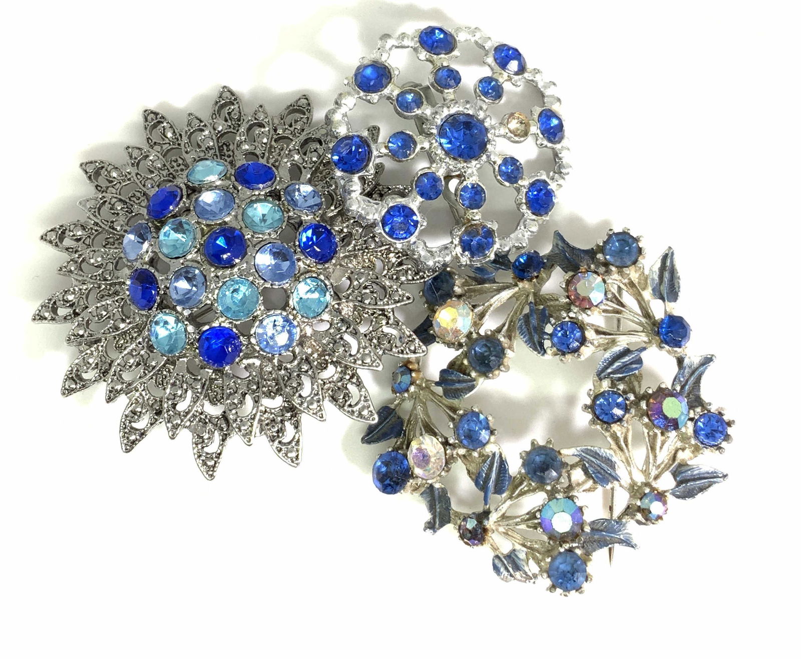 Lot3 Vintage Silver Tone Blue Rhinestone Brooches (1 of 8)