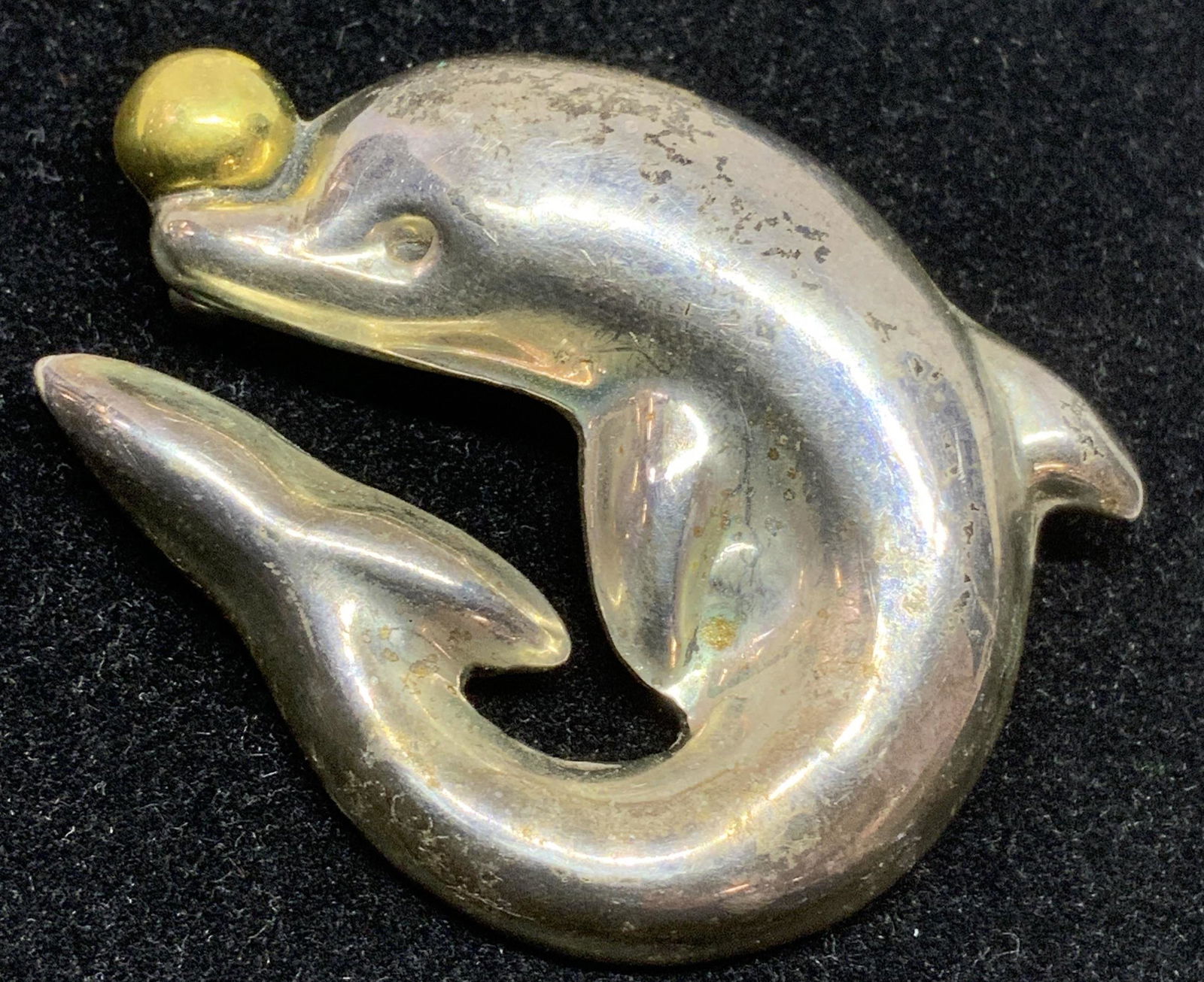 STERLING SILVER Vintage Dolphin Brooch, Mexico (1 of 12)