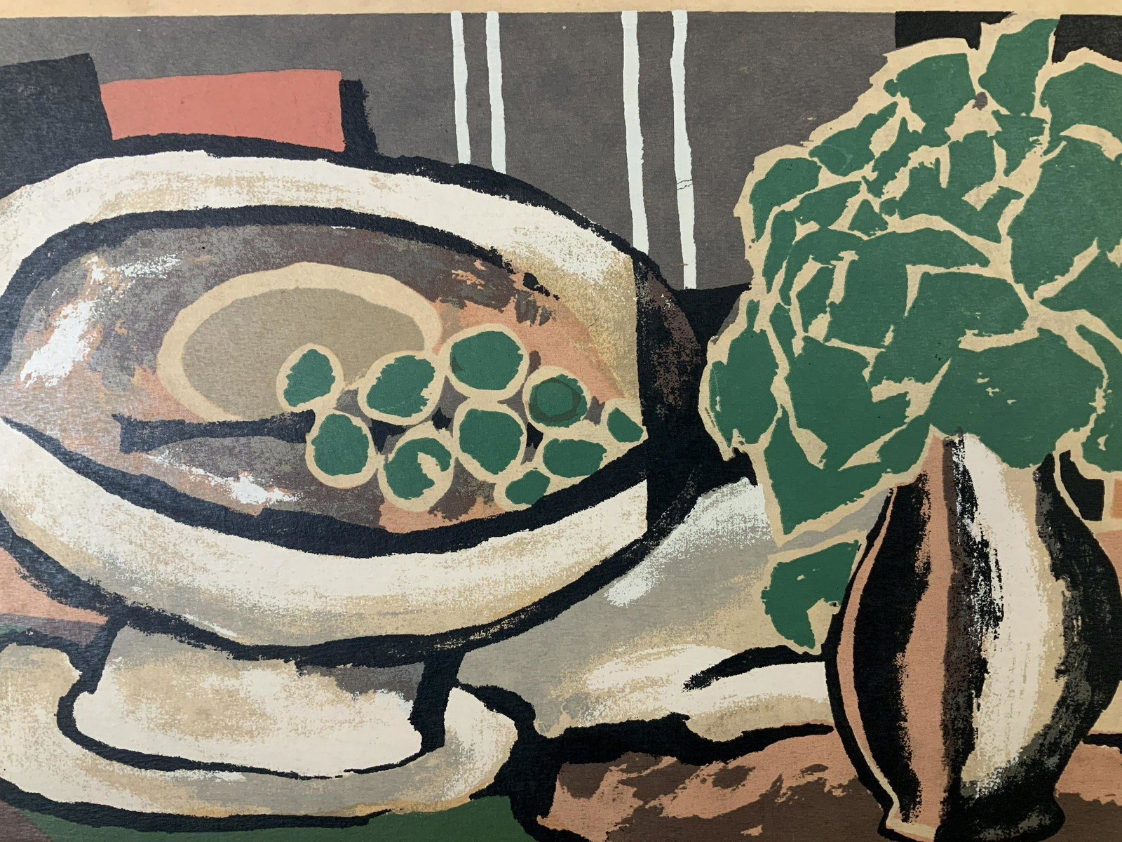 GEORGES BRAQUE Still Life Lithograph 1928: GEORGES BRAQUE Still Life Lithograph 1928, inscription to lower left reads ‘G Braque 28’, label to reverse reads ‘The County Paint and Wall Paper Supply Co Inc Artist supplies’, subject an ass