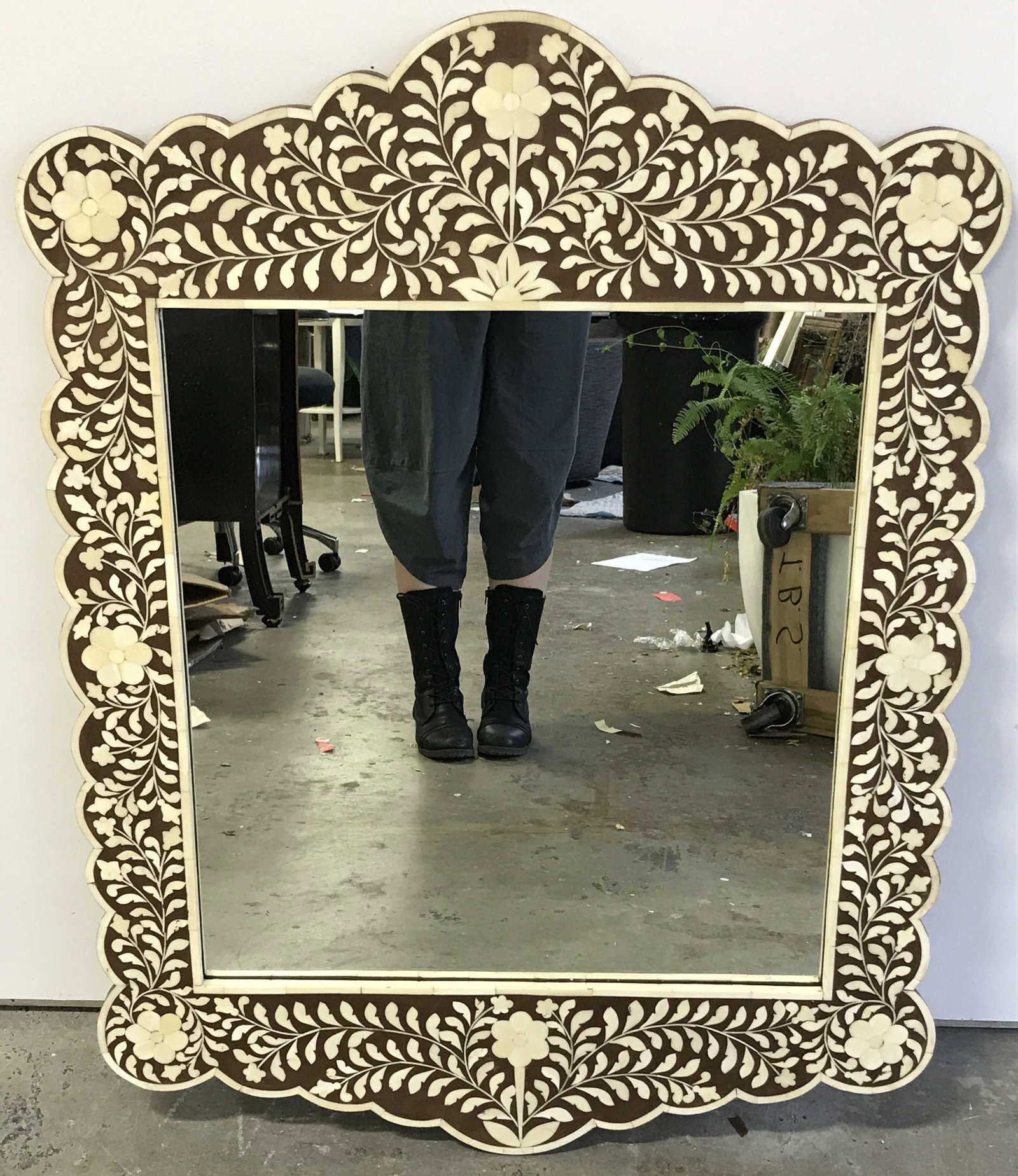 Alabaster Tiled Wooden Mirror: Alabaster Tiled Wooden Mirror, wooden frame with alabaster inlay tiles, no apparent signatures labels or stamps, mirror is designed with tiles in the shape of flowers leaves and vines, pieces measures