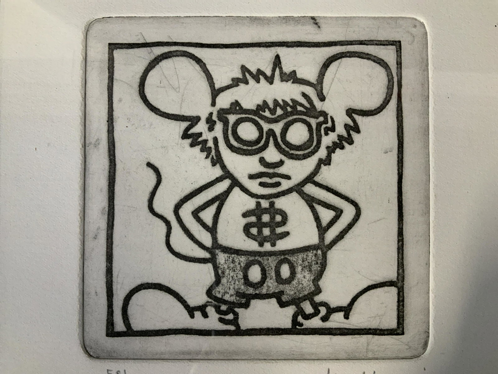 KEITH HARING Signed Andy Mouse Lithograph: KEITH HARING(1958-1990) Signed Andy Mouse Lithograph, signature to lower right in pencil reads ‘K Haring’, edition to lower left reads ‘58/250’, subject a fusion between Andy Warhol and Mickey