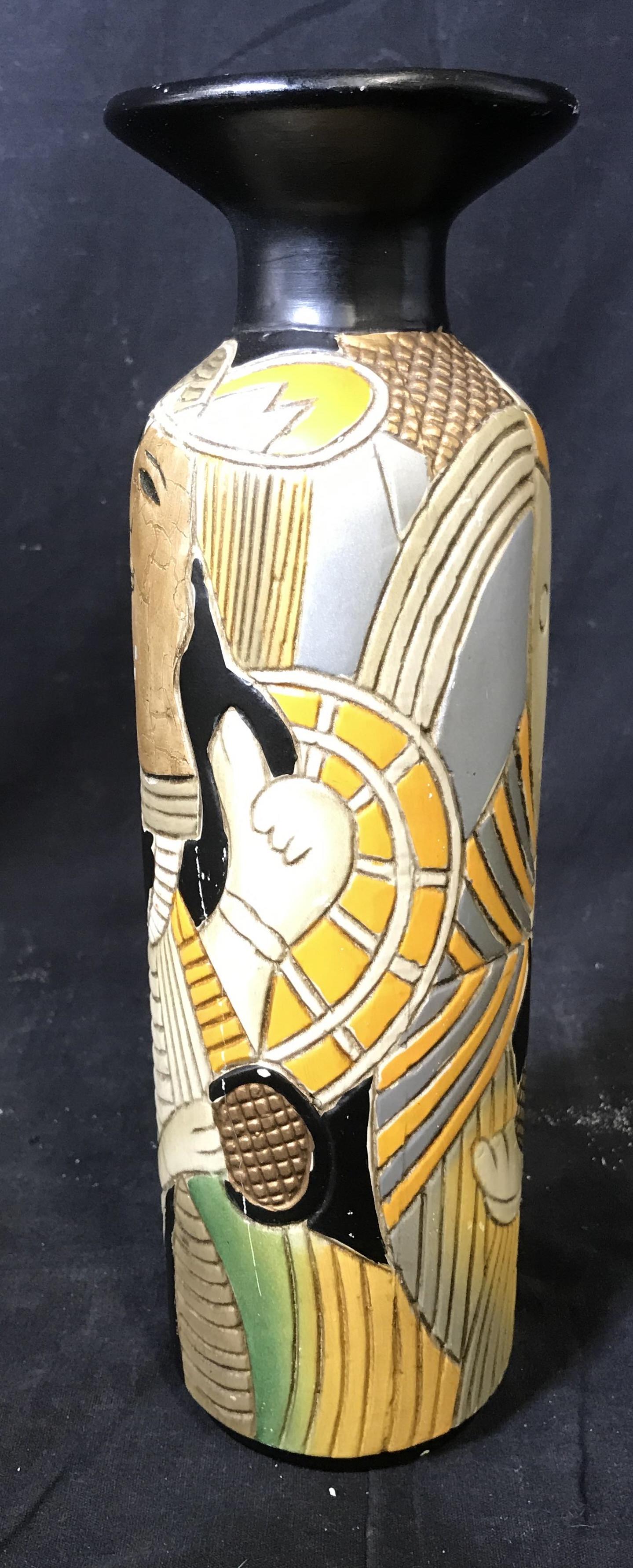 Abstract Cubist Hand Painted Porcelain Vase: Abstract Cubist hand painted porcelain vase, no apparent signatures or stamps, subject a long bodied vase with short neck and wide mouth, piece displays a series of abstract cubist style designs featu