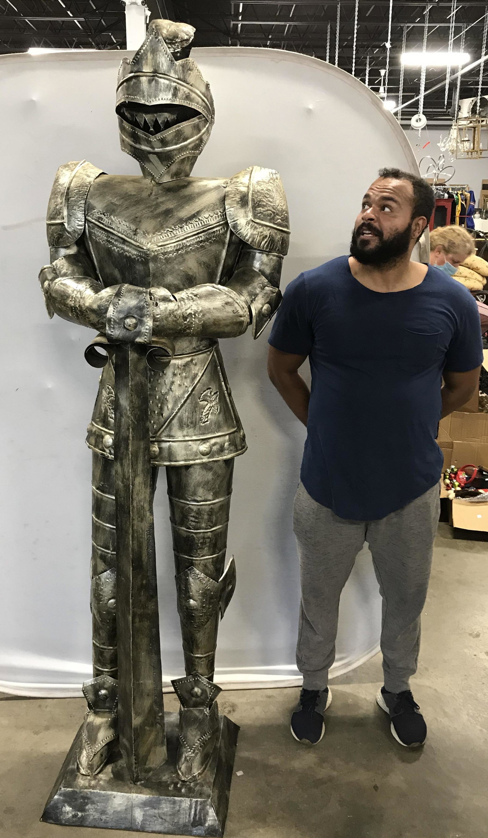 Vintage Suit of Armor, 7ft Ht, Mexico: Vintage decorative suit of armor. Crafted from metal. The knight’s gauntlet reads as MEXICO. Measures approx 84 inches H, 25 inches W, 20 inches deep. Wear is consistent with age and use. Suit of ar