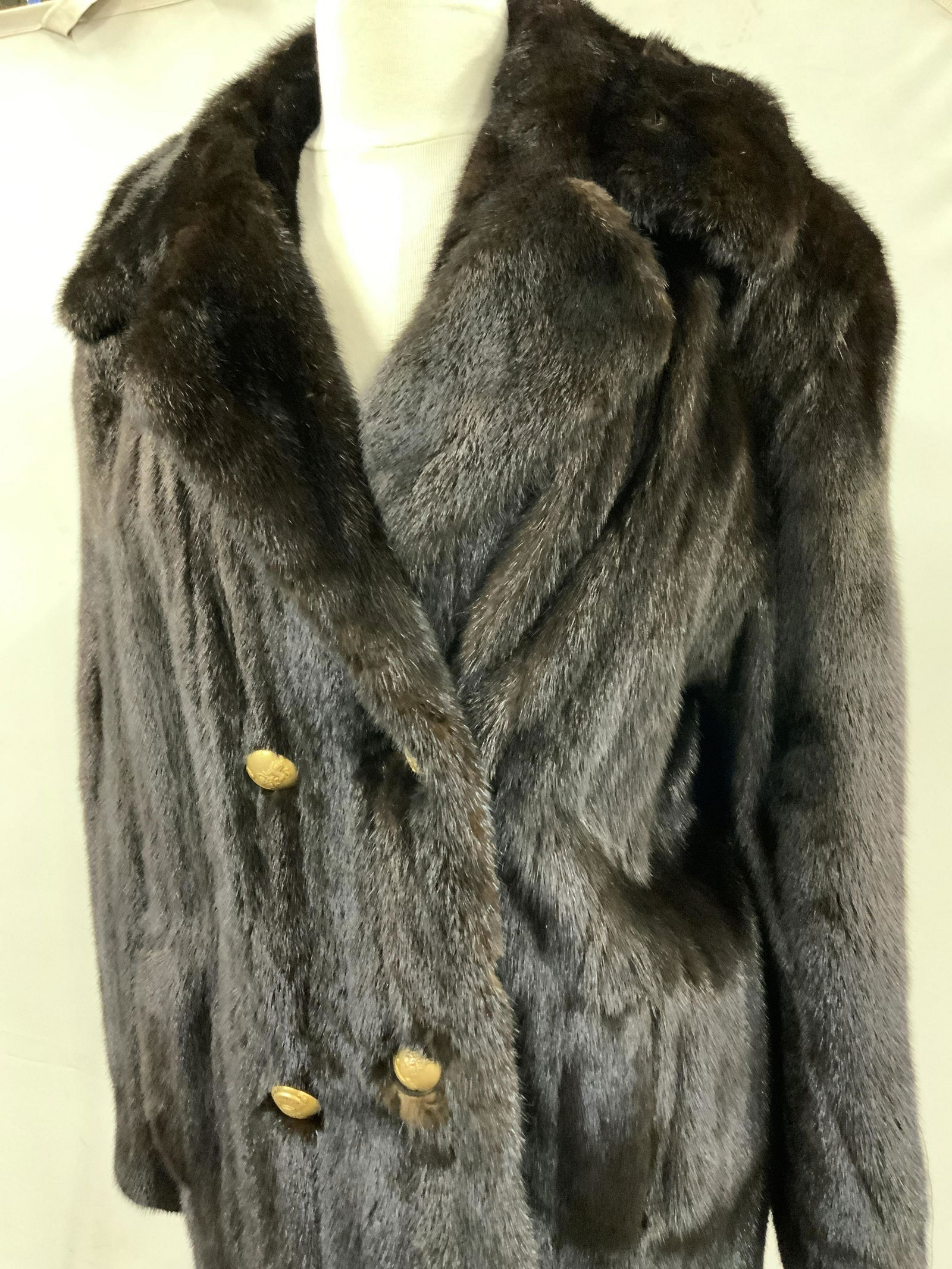 Luxury Custom Made DARK MINK COAT, Silk Lining: Dark brown mink coat with chocolate paisley silk lining. Monogrammed initials LRG. Fit Size Large, possibly larger, and covers most of thighs ( depending on ht) , 34.5 in long. interior ticket pocket,