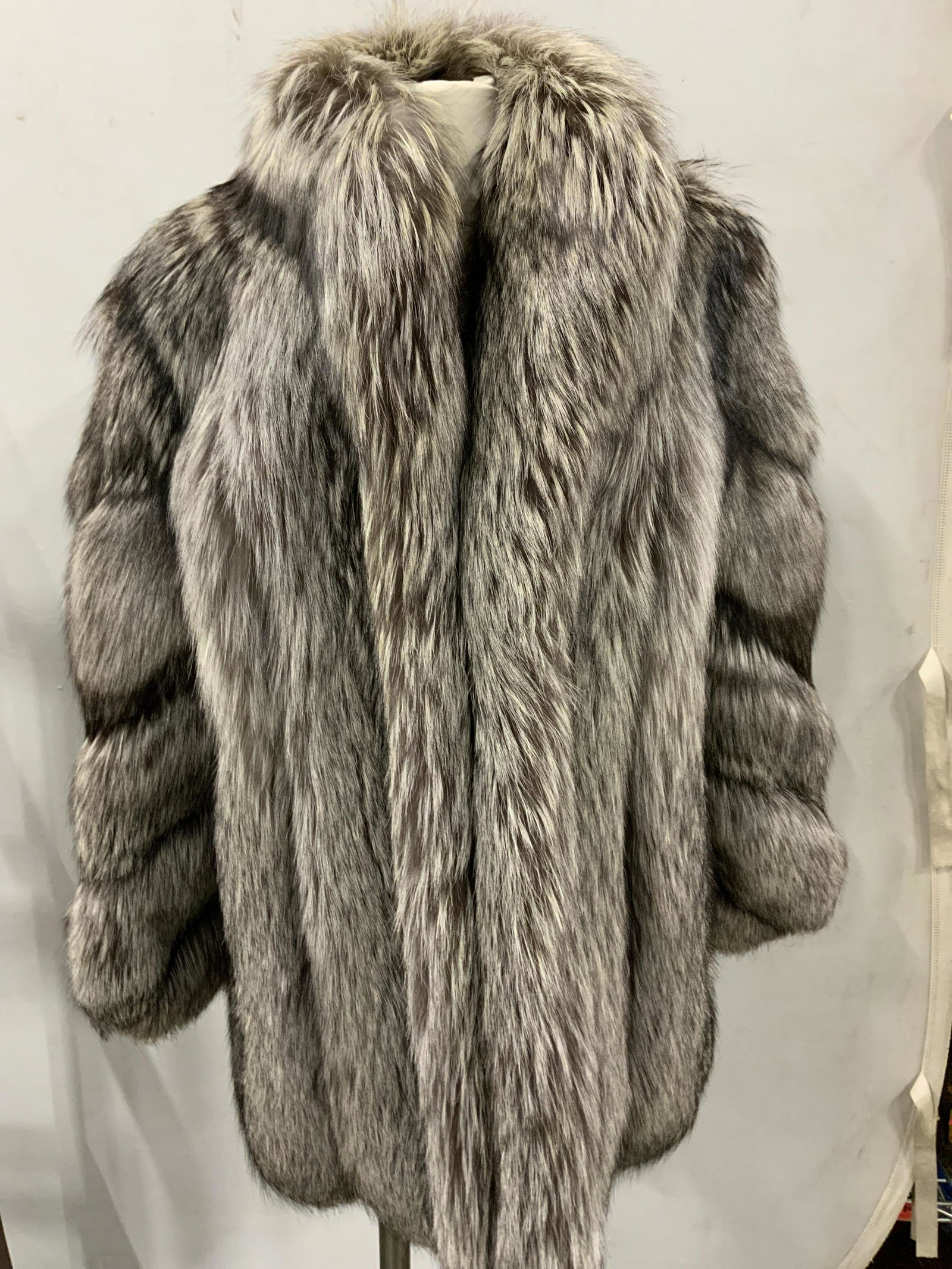 Luxury White & Grey FOX FUR Half Length Coat: Luxury CUSTOM MADE LONG haired FOX FUR coat, soft and warm. All silk lining with Chinese symbol embroidery. SRB MONOGRAM . Sleeves 25 in. Hair overlaps 1/2 in. Size Med , 47 in. waist when hook and lo