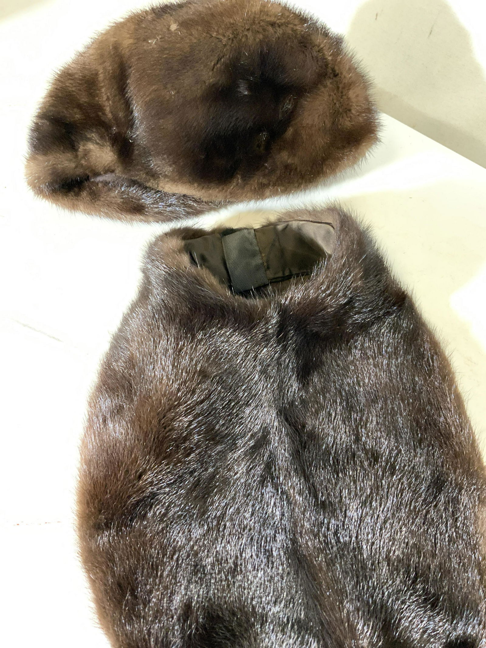 Vintage Mink Fur Hat Neck Warmer Set, Marshall: Label inside for Marshall Fields, vintage fashion Mink fur set, set includes mink hat inside diameter measures app 8 inches, and long length mink neck warmer in bib shape with Velcro behind the neck f