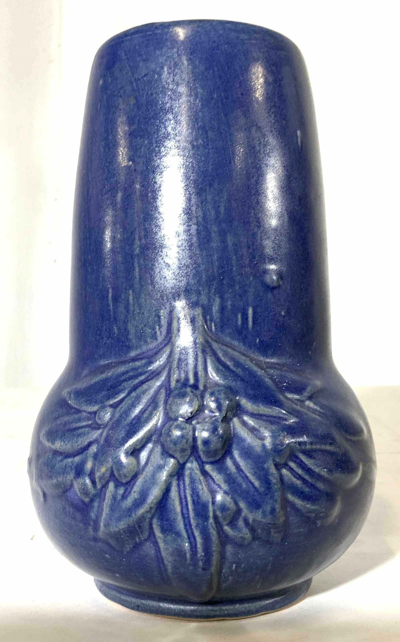 Vintage Cobalt Blue Art Pottery Vase: No apparent signatures but appears to be an early McCoy vase circa 1930s. thick walled pottery ceramic vase vessel, decorative object,smooth matte finish with grapes and leaves in relief hand crafted,