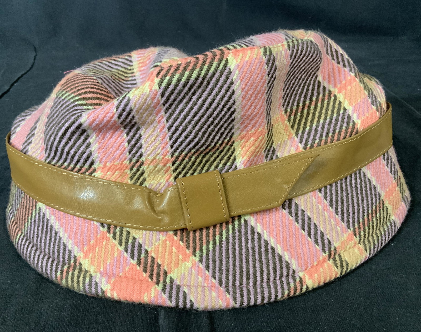 Set 3 RANDOLPH DUKE Wool Blend Plaid Accessories: Set 3 RANDOLPH DUKE Wool Blend Plaid Accessories, label to interior reads ‘the Look Randolph Duke Body 65% acrylic 30% wool 5% polyester Trim 100% leather Lining 100% polyester’, hat measures 5 in