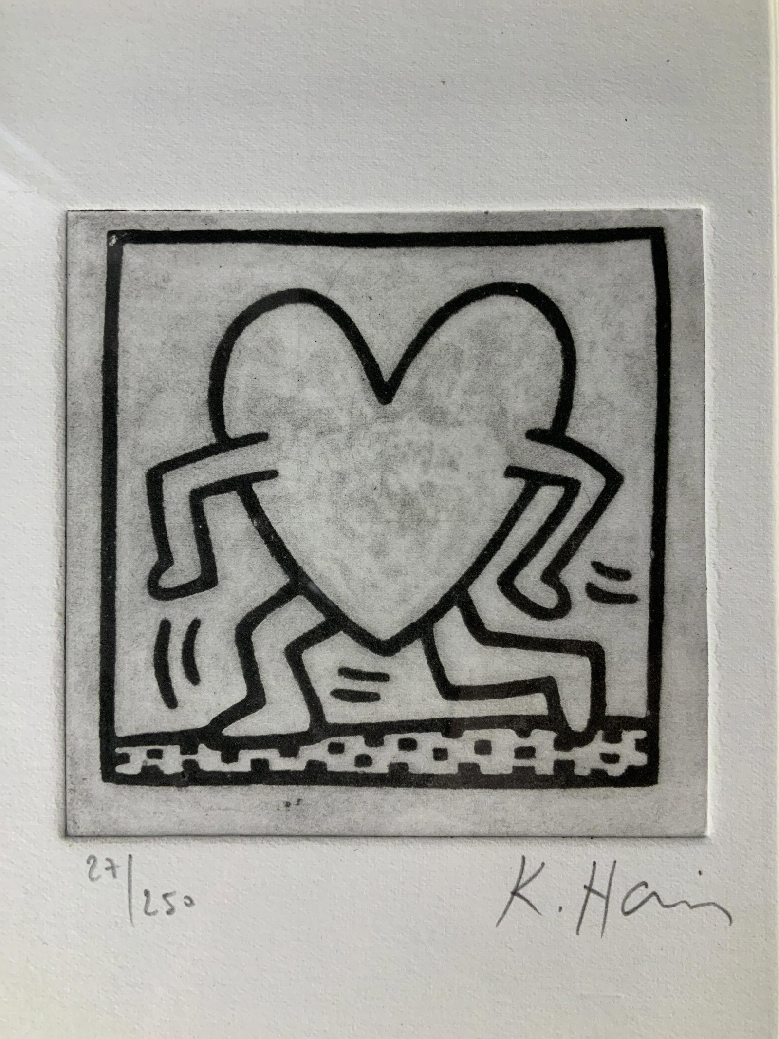 KEITH HARING Signed Ltd Ed Lithograph Artwork: KEITH HARING(1958-1990)Signed Ltd Ed Lithograph, signature to lower right in pencil reads ‘K Haring’, edition to lower left reads ‘27/250’, subject a running heart, measures 10 7/8 x 8 7/8 inc