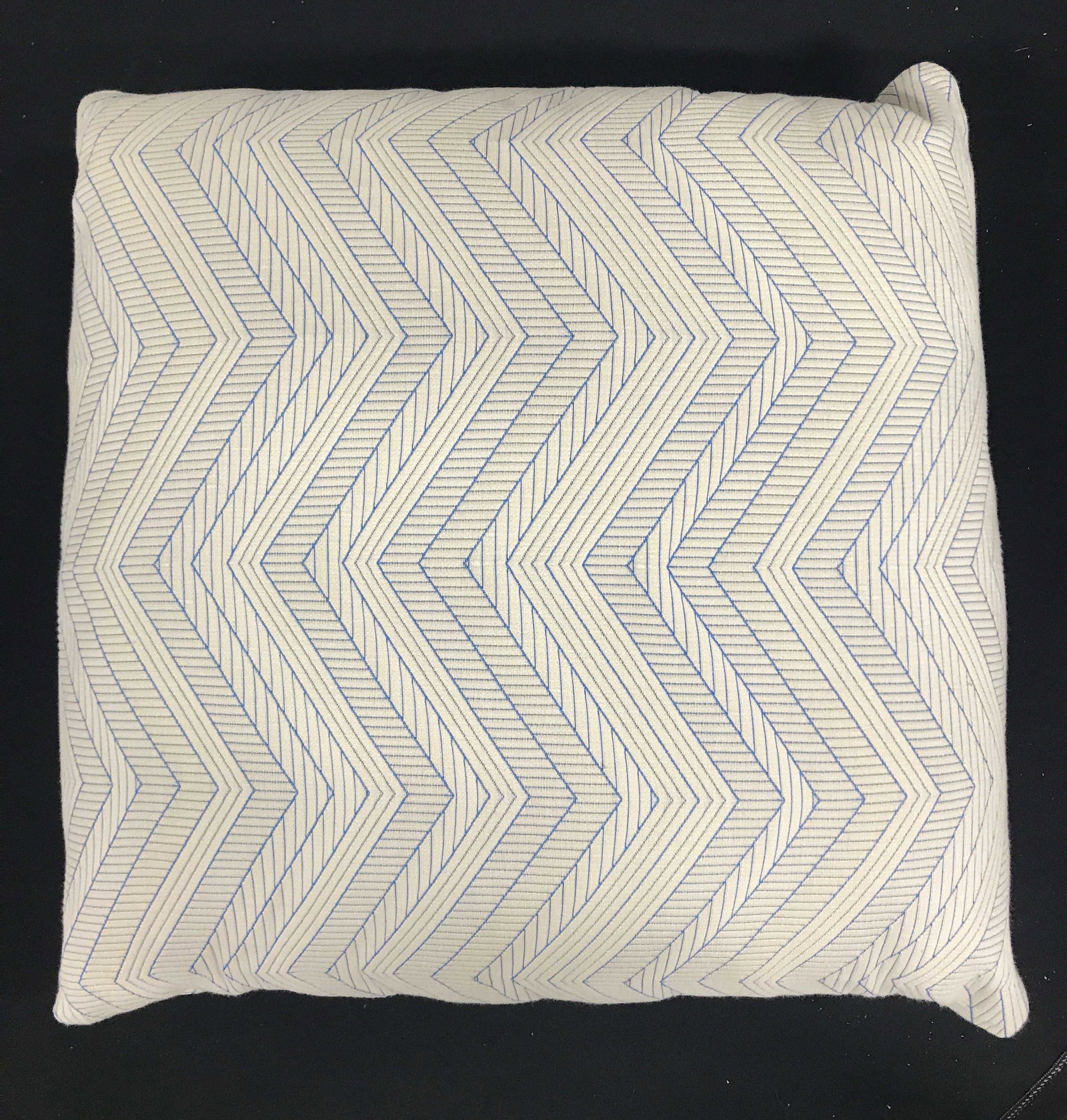 Pair Zig Zag Stripe Patterned Throw Pillows: Lot includes 2 throw pillows. Each are light sand toned with blue stripe and Zig zag pattern detail. Each measures approximately 23 inches square. Pillows, throw pillows, pair of pillows, home decor, 