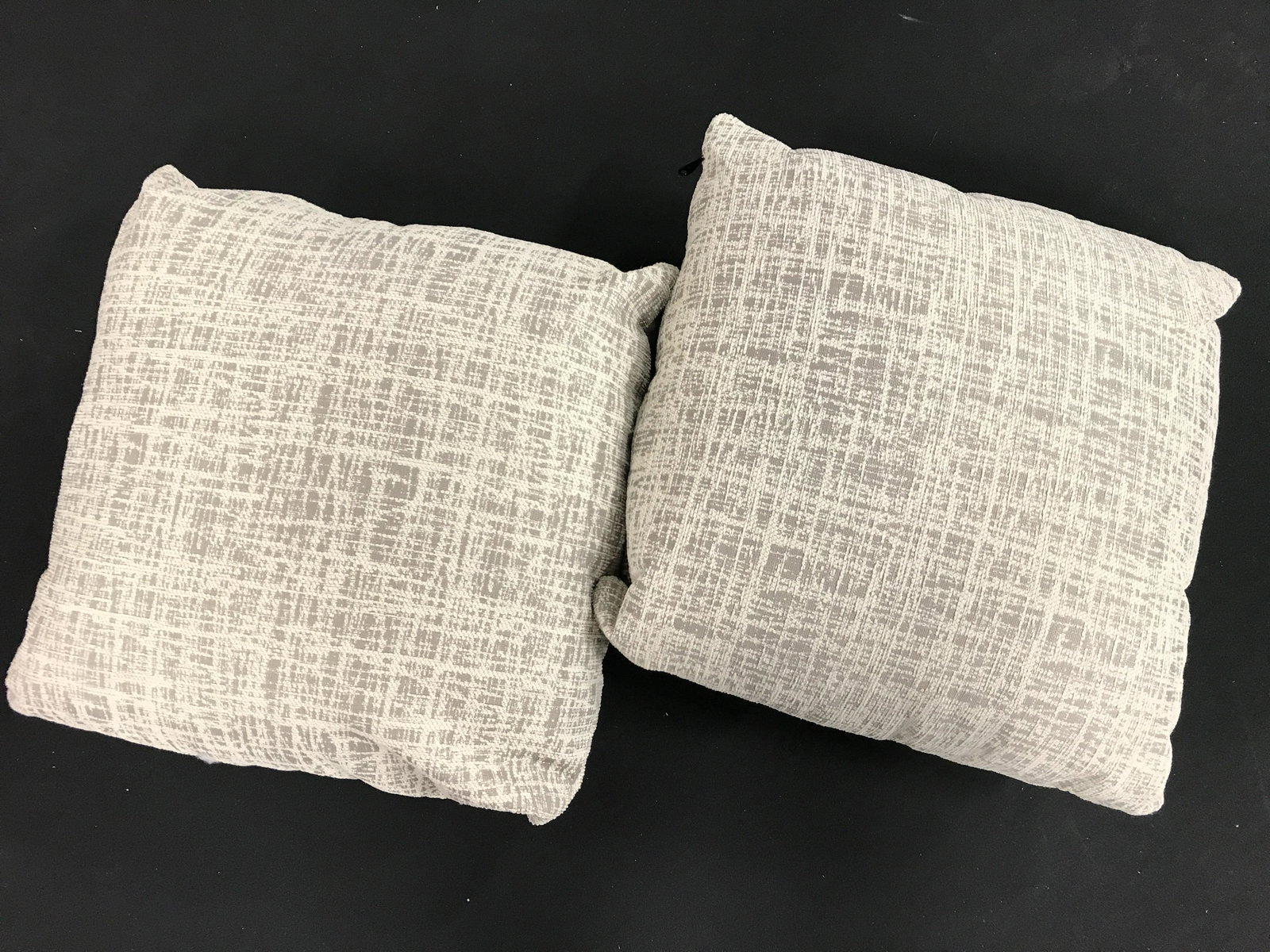 Pair Cream & Slate Throw Pillows: Lot includes 2 throw pillows. Each measures approximately 16 inches square. Proceeds will be donated to DIFFA in NYC. Pillows, throw pillows, pair of pillows, home decor, living room decor. 6x