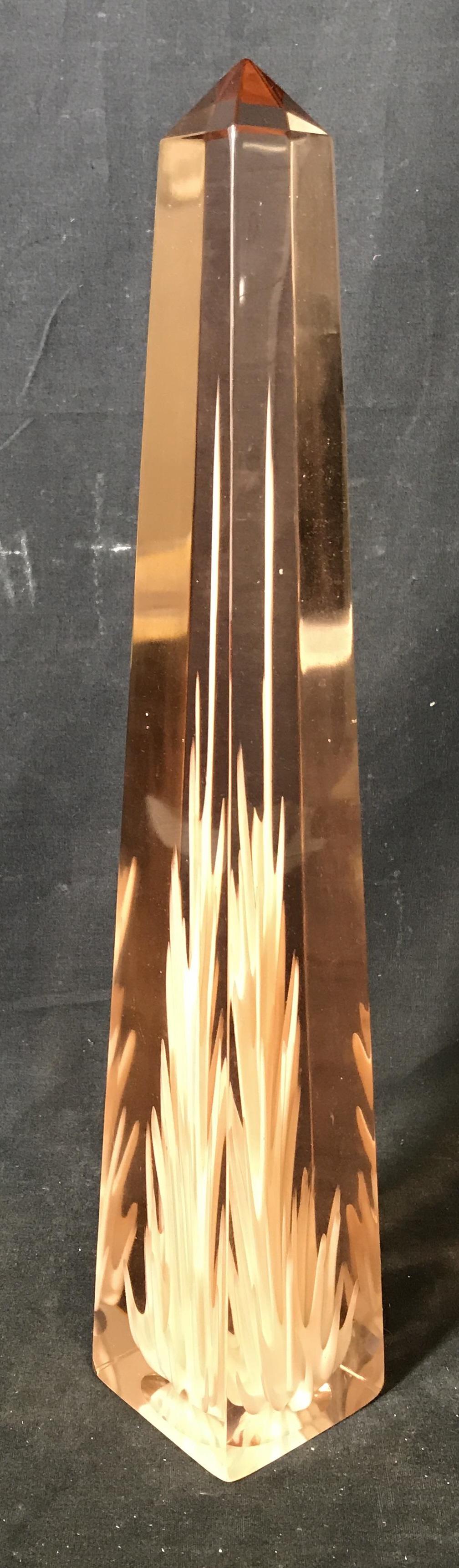 Pink Art Glass Obelisk: Pink art glass obelisk, thick walled art glass obelisk with a white colored spiky center, no signatures or stamps to surface, measures 17.5 inches tall, base measures as a 3 inch square, Pink art glas