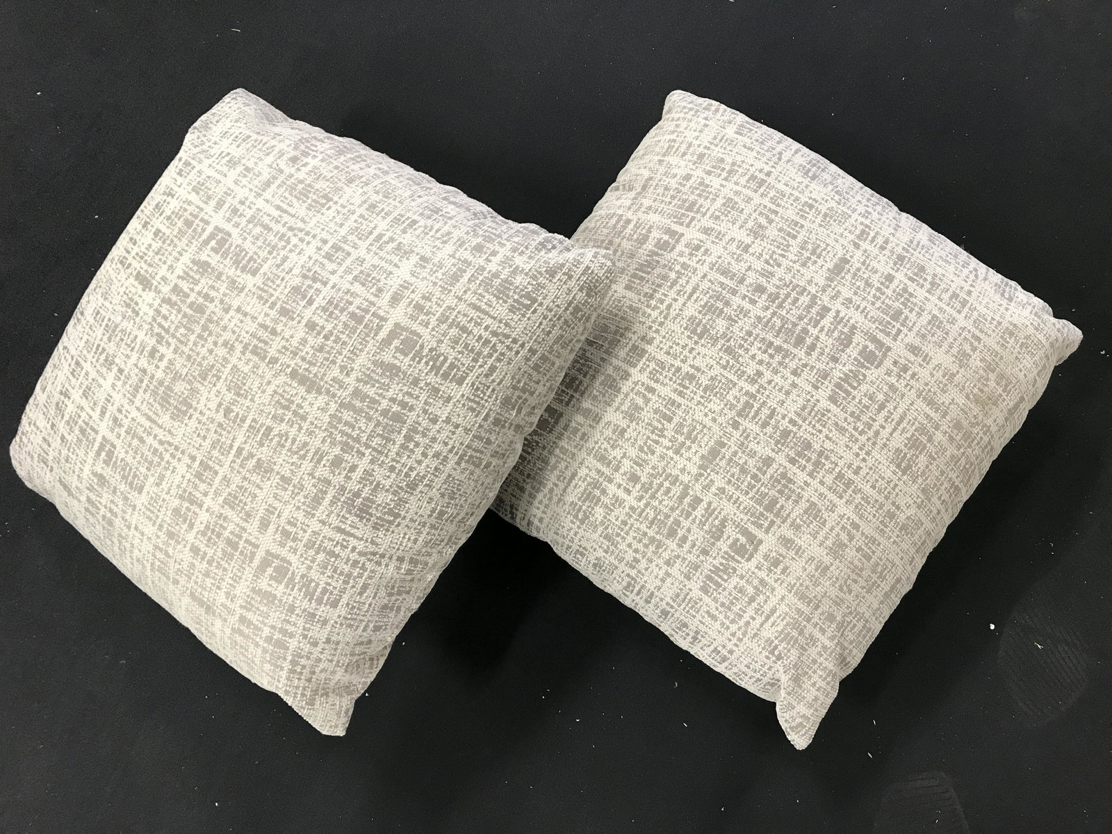 Pair Cream & Slate Throw Pillows: Lot includes 2 throw pillows. Each measures approximately 16 inches square. Proceeds will be donated to DIFFA in NYC. Pillows, throw pillows, pair of pillows, home decor, living room decor. 6x
