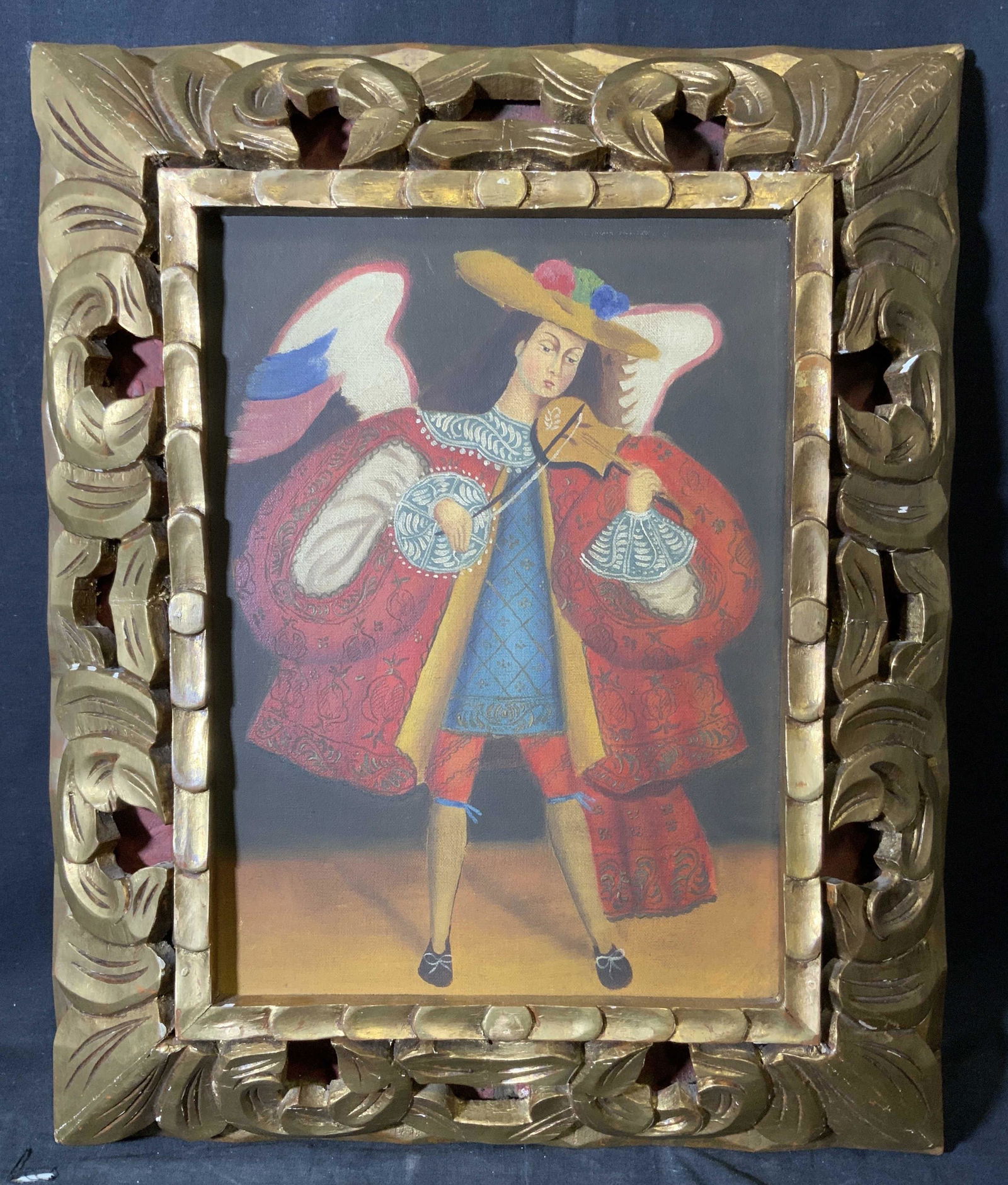 Spanish Colonial Style Painting of Musician: Spanish Colonial style painting of musician, possibly oil on canvas, no apparent signatures, stamp to reverse faded what can seen reads ‘Colombia’, subject a Spanish colonial Cuzco school of paint