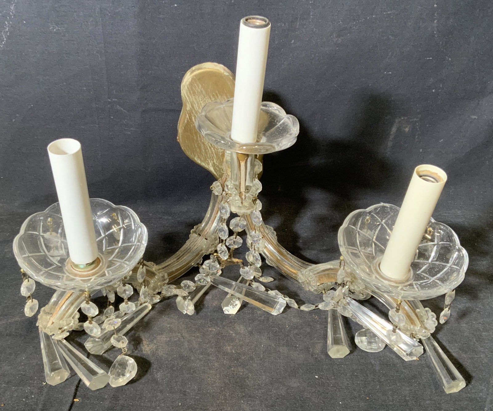 Pair Glass Candelabra Wall Sconce Light Fixtures: Pair glass candelabra wall sconce light fixtures, both need to be electrified, both have two arms and three light sockets that are made to appear as candles, metal parts painted gold, both measure app