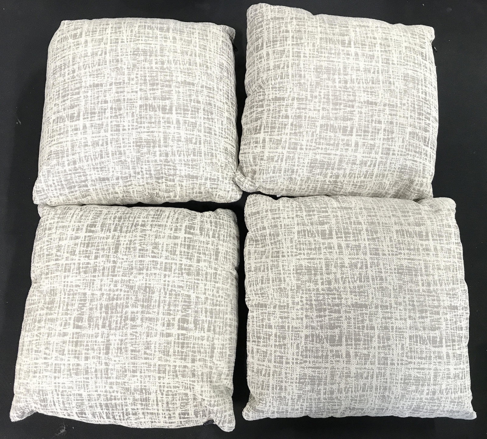 Set 4 Cream & Slate Throw Pillows: Lot includes 4 throw pillows. Each measures approximately 16 inches square. Proceeds will be donated to DIFFA in NYC. Pillows, throw pillows, pair of pillows, home decor, living room decor. 6x