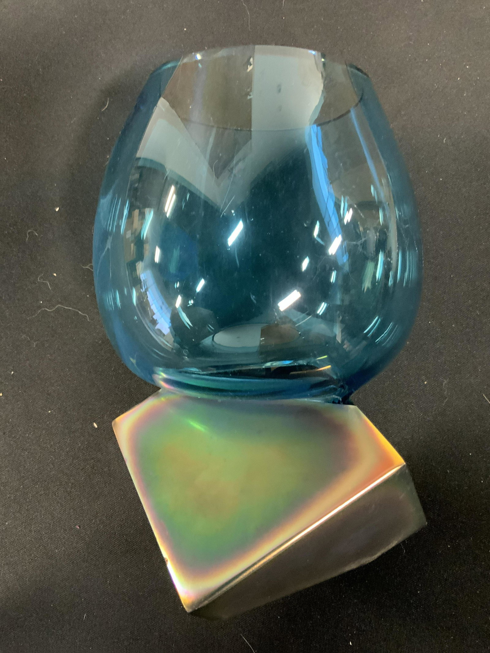 CURATED KRAVET Abstract Art Glass Vase: Underside has tag which reads CURATEDKRAVET.COM. Piece is cart glass. Vase has various blue tones & attract geometric shape. Piece measures approximately 9 inches tall. Vase, Kravet vase, Kravet decor