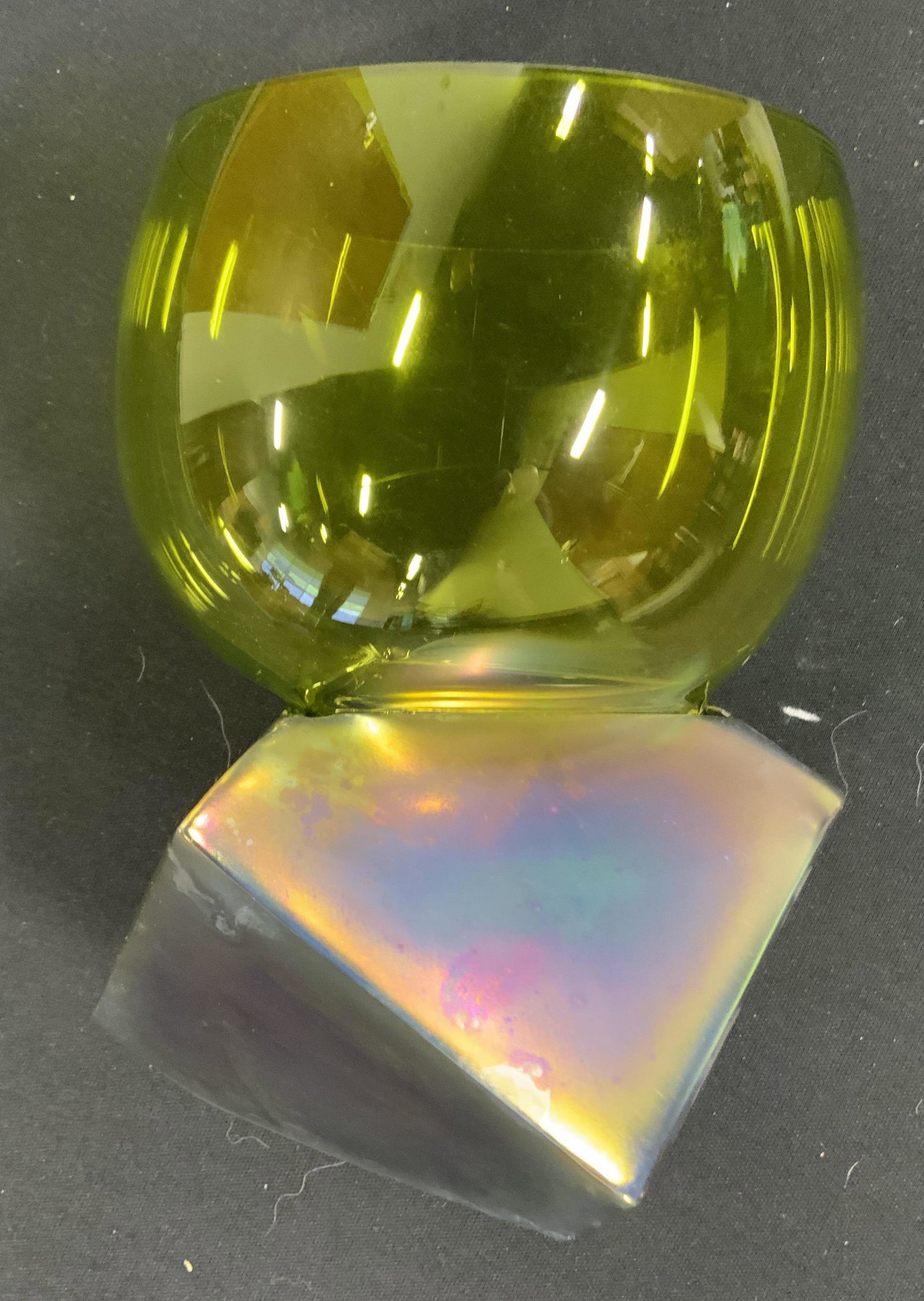 CURATED KRAVET Abstract Art Glass Vase: Underside has tag which reads CURATEDKRAVET.COM. Piece is cart glass. Vase has various green tones & attract geometric shape. Piece measures approximately 9 inches tall. Vase, Kravet vase, Kravet deco