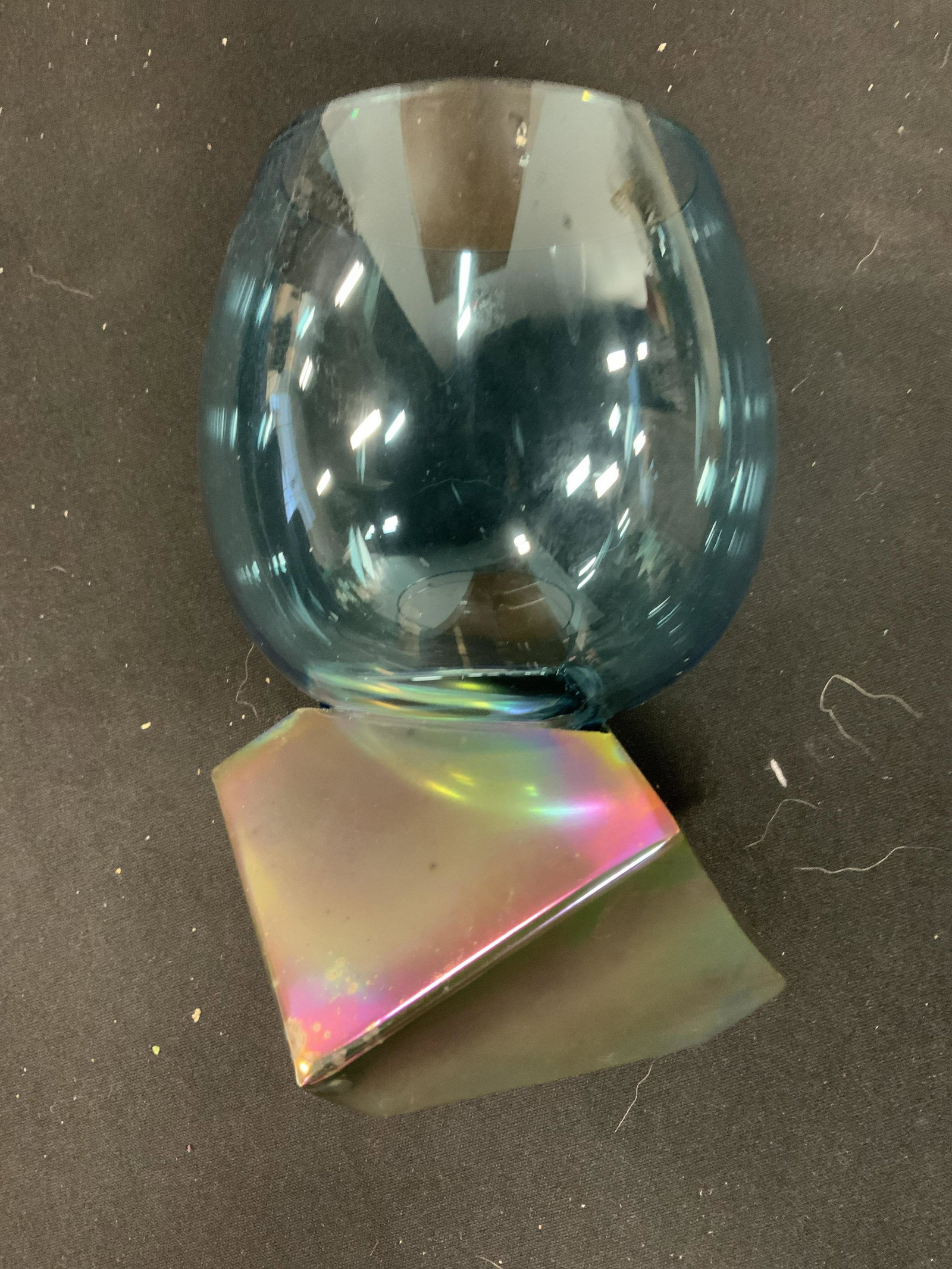 CURATED KRAVET Abstract Art Glass Vase: Underside has tag which reads CURATEDKRAVET.COM. Piece is cart glass. Vase has various blue tones & attract geometric shape. Piece measures approximately 9 inches tall. Vase, Kravet vase, Kravet decor