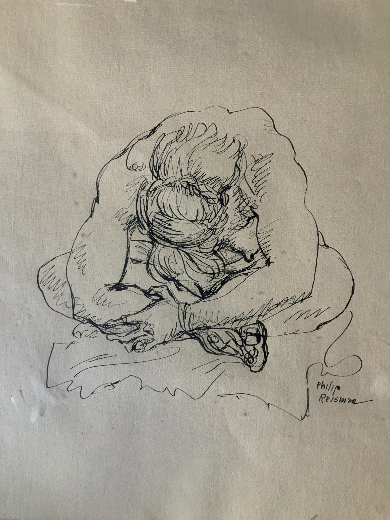 PHILIP REISMAN Signed Ink Drawing, Female Nude: PHILIP REISMAN Signed Ink Drawing, Female Nude, signature to lower right reads ‘Philip Reisman’, subject a seated woman bending over, measures 18 1/8 x 16 1/8 inches, white wooden frame, some loss
