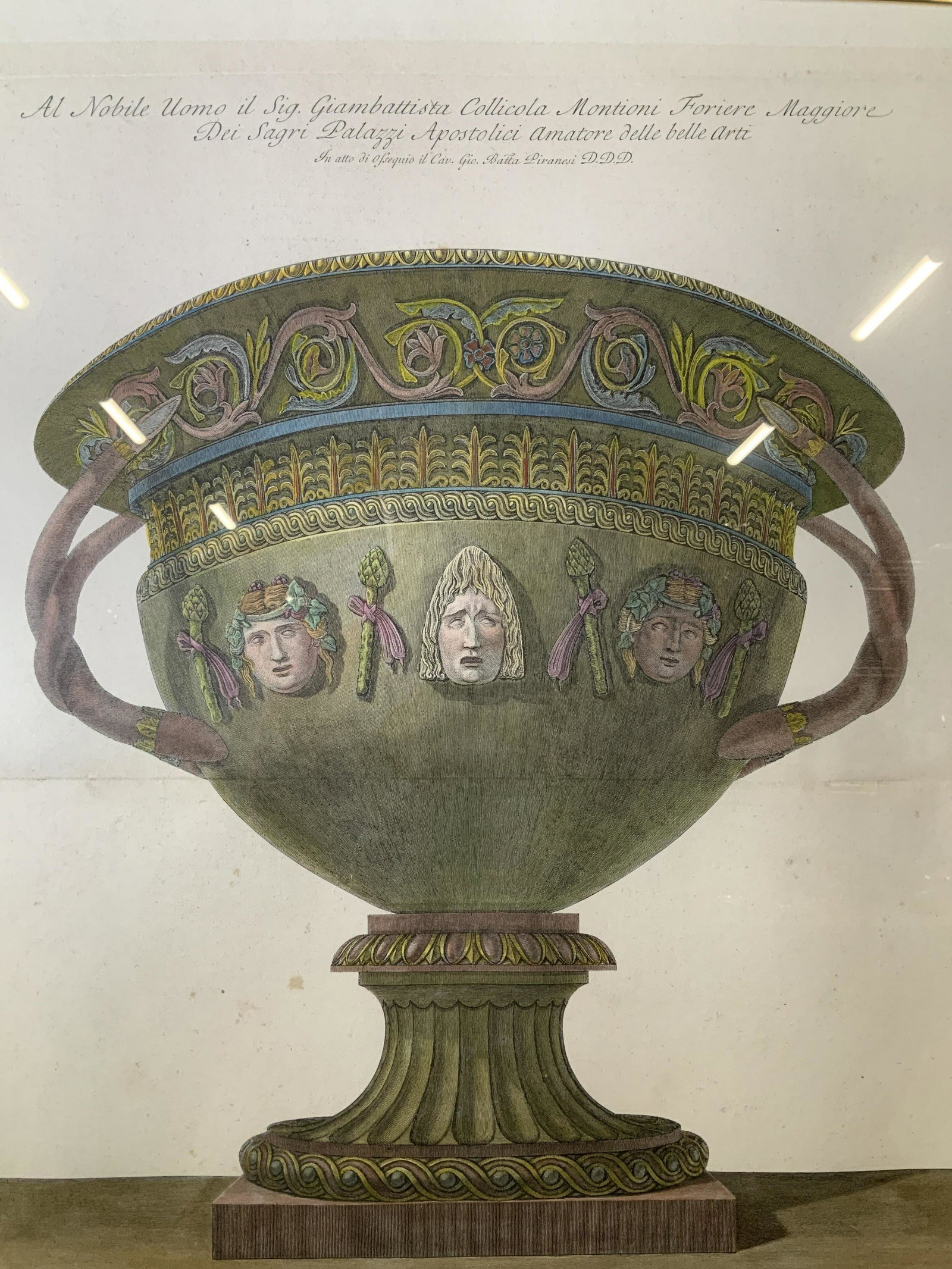 GIOVANNI PARANISI Basalt Vase Engraving: GIOVANNI BATTISTA PARANISI Basalt Vase hand colored Engraving, one of three pieces in a series in this auction, inscription to piece in Italian, label to reverse reads ‘KPS New York Piranisi Al Mobi
