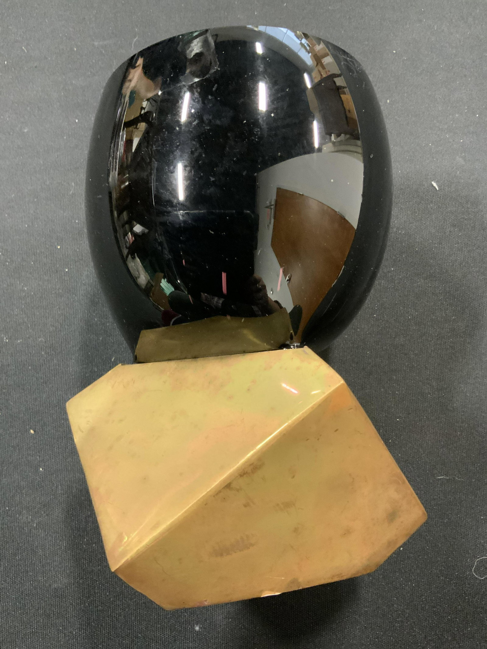 CURATED KRAVET New Abstract Art Glass Vase: Underside has tag which reads CURATEDKRAVET.COM. Piece is cart glass. Vase has various purples tones & abstract geometric shape. Piece measures approximately 9 inches tall. Vase, Kravet vase, Kravet d