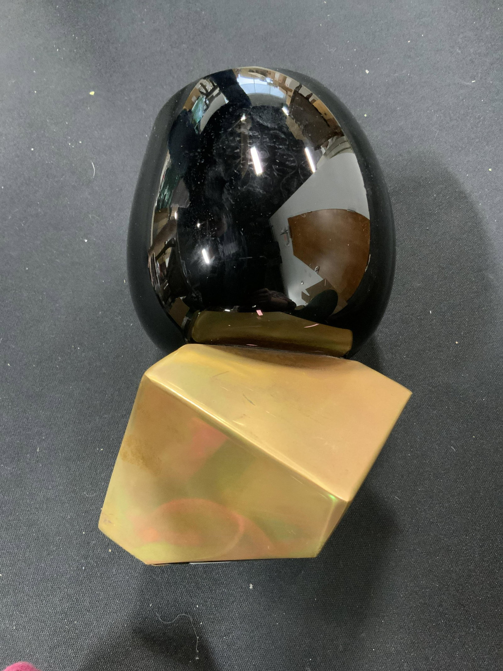 CURATED KRAVET New Abstract Art Glass Vase: Underside has tag which reads CURATEDKRAVET.COM. Piece is cart glass. Vase has various purples tones & abstract geometric shape. Piece measures approximately 9 inches tall. Vase, Kravet vase, Kravet d