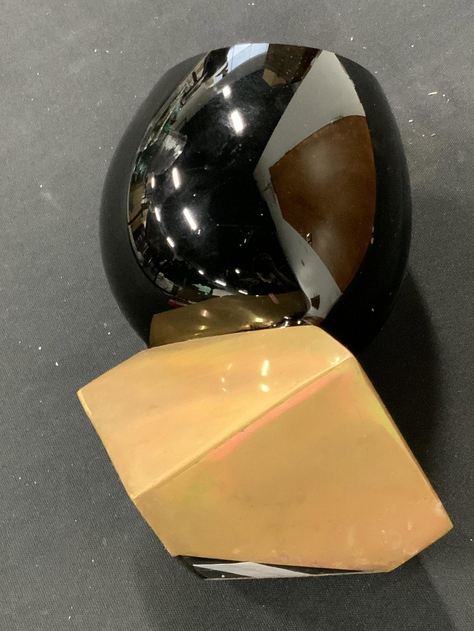 CURATED KRAVET New Abstract Art Glass Vase: Underside has tag which reads CURATEDKRAVET.COM. Piece is cart glass. Vase has various purples tones & abstract geometric shape. Piece measures approximately 9 inches tall. Vase, Kravet vase, Kravet d
