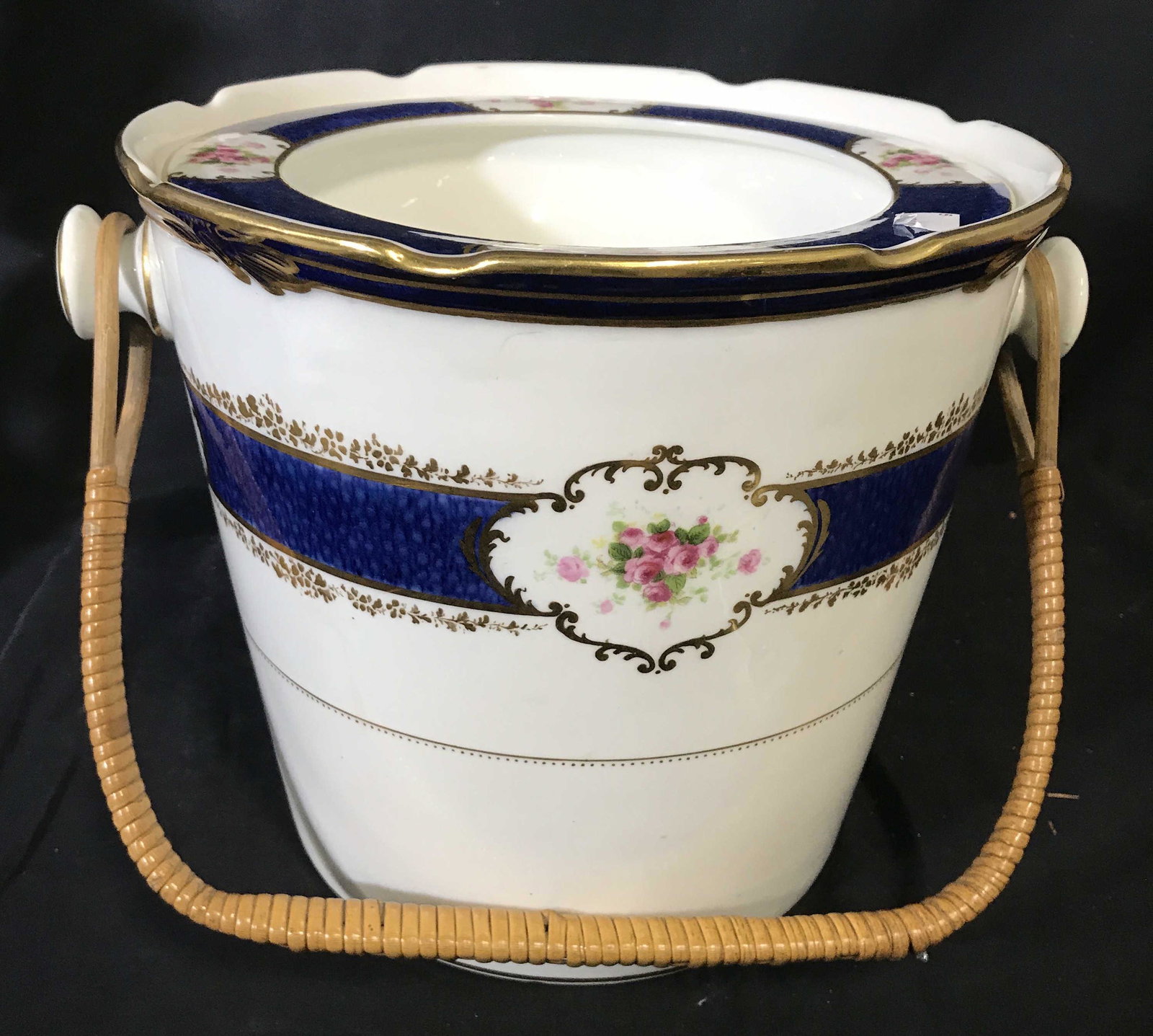 Vntg Crescent England Porcelain Bucket w Handle: Vintage possibly antique Porcelain bucket with removable bowl insert, up cycle as vase, planter, cache pot, decorative accessory, hand painted cobalt blue, gilding, and floral medallion, wood and wood