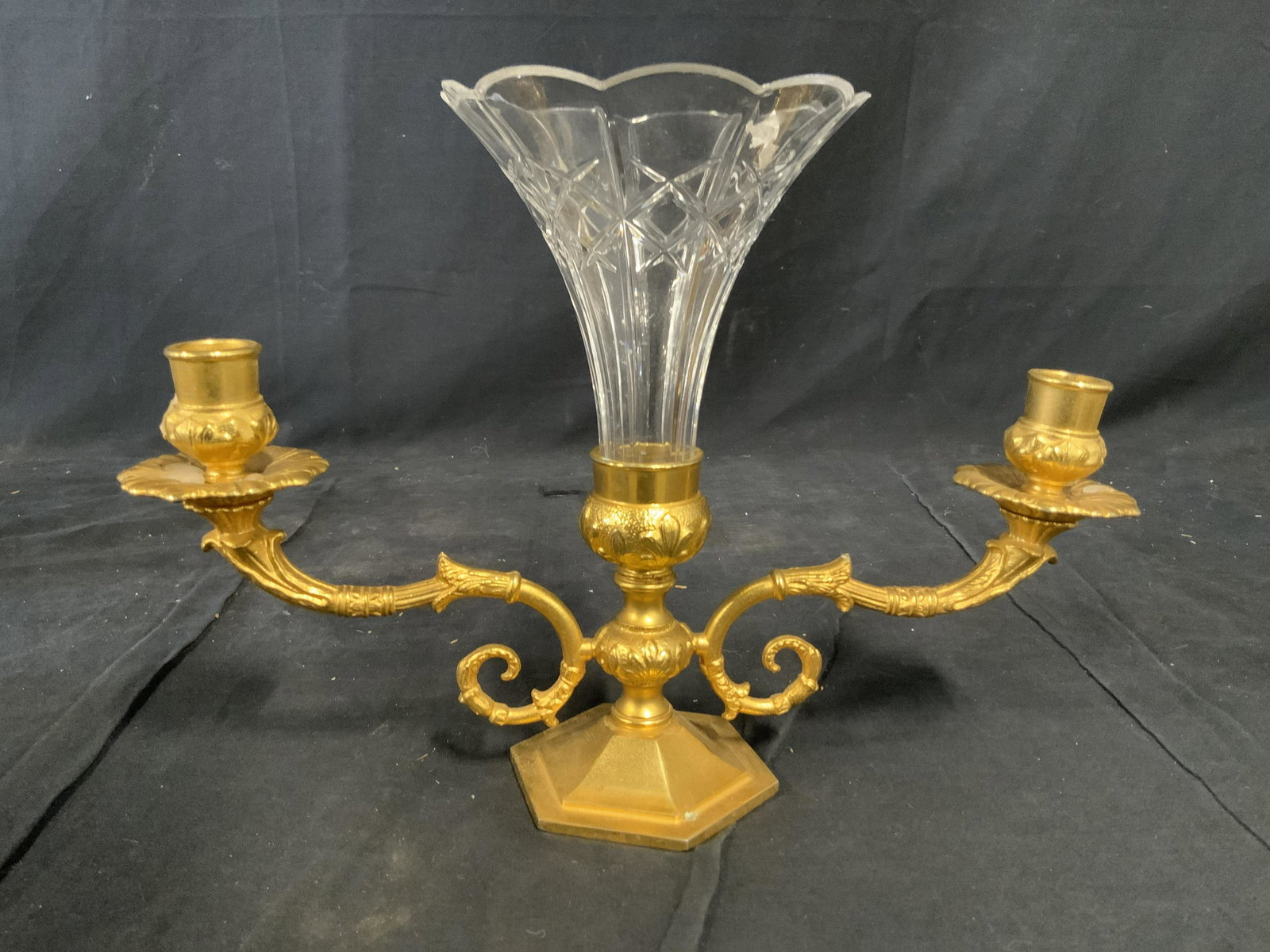 Antique Italian Gilt Bronze Crystal Epergne, WA: Signed WA, hallmarked trademarked underside, Centerpiece, vintage possibly antique brightly gilded bronze candelabra with two branch scrolling arms and center piece crystal vase, which removes to beco