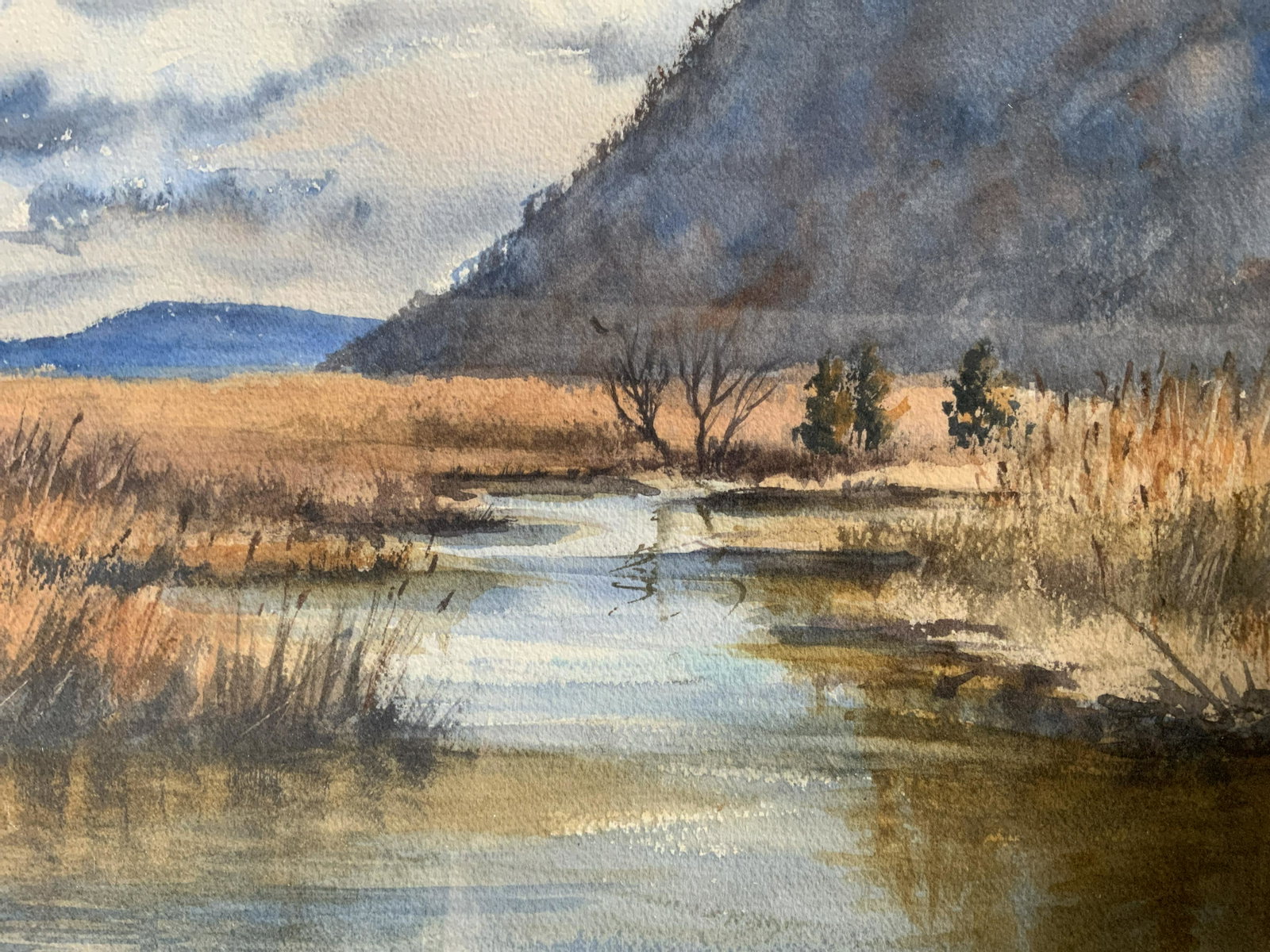 AMANDA EPSTEIN Signed Watercolor Painting: AMANDA EPSTEIN Signed Watercolor Painting, signature to lower right reads ‘Amanda Epstein’, label to reverse reads ‘Iona Marsh Live Auction W/C Amanda Epstein 845-526-3284’, subject a river am