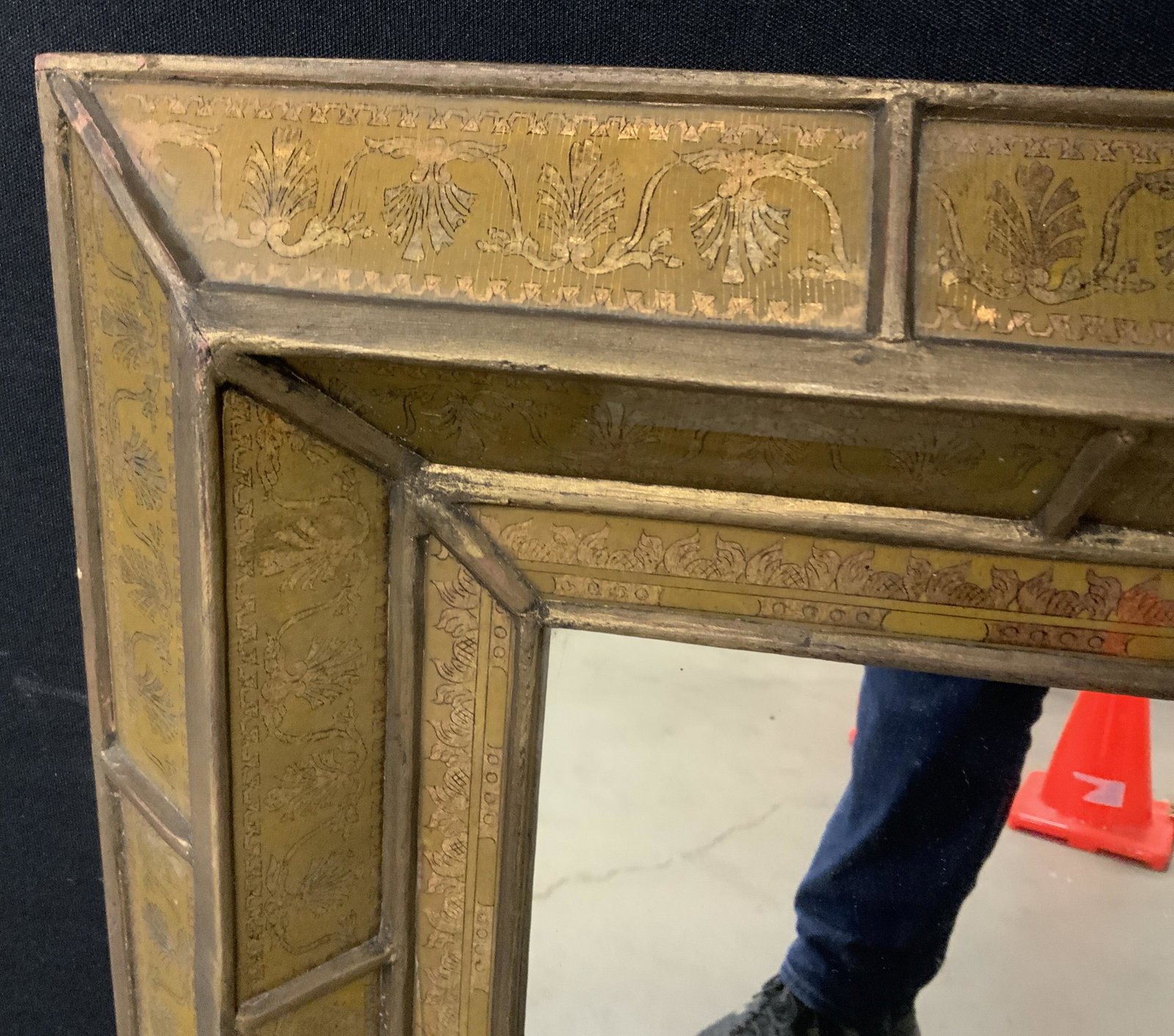 Vintage SOUTH CONE COLLECTION Mirror, Peru: Vintage SOUTH CONE COLLECTION mirror. Labels on back side read as SOUTH CONE COLLECTION, HAND MADE IN PERU. Frame is decorated with églomisé glass, reverse painted glass, colored with gilt paint. A 