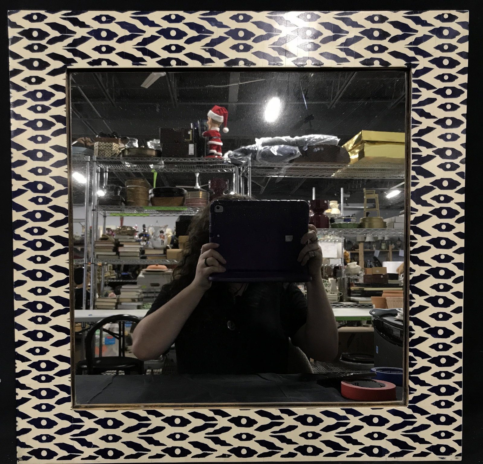 Indian Import Tile Mosaic Wall Mirror: Indian import tile mirror, frame to mirror consists of blue and whit tile pieces, material of tile unsure, mirror in good condition, frame has a blue and white pattern, label to reverse reads ‘Impor
