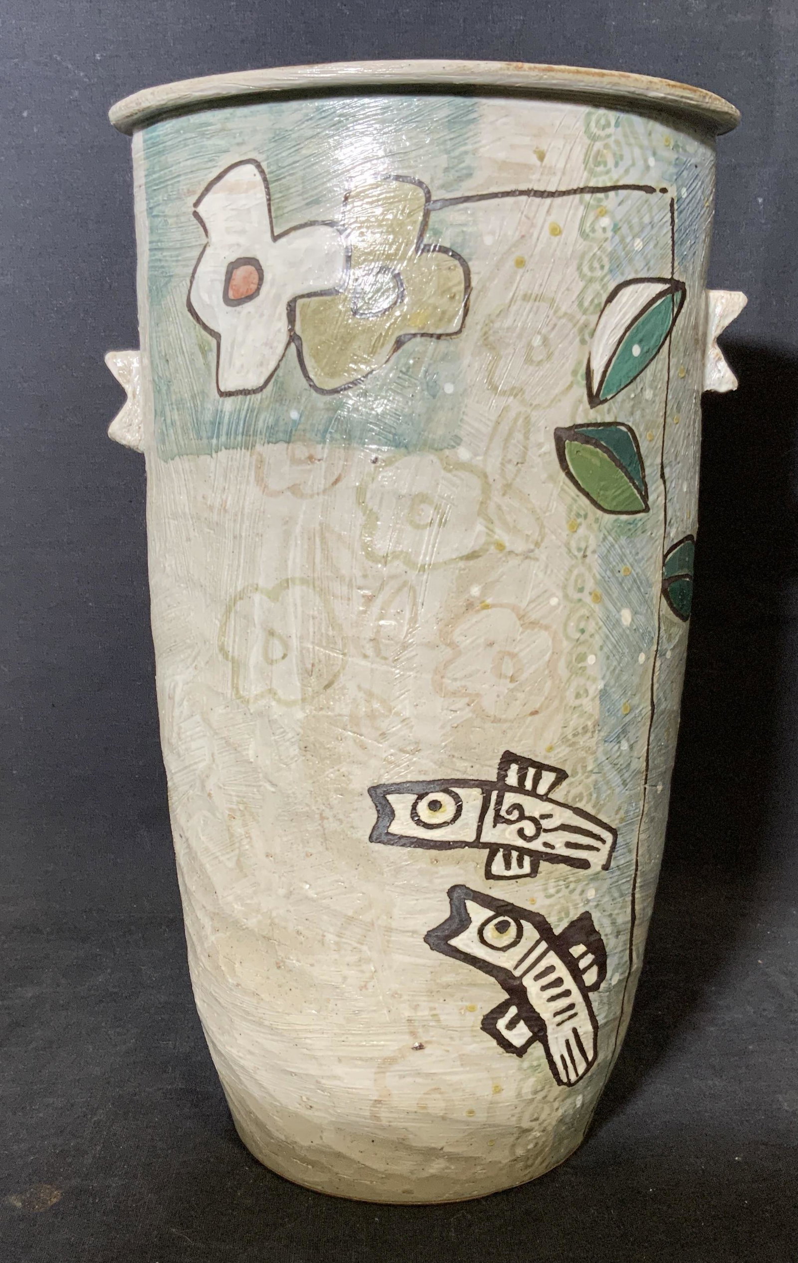 Signed Korean Hand Painted Ceramic Vase: Signed Korean Hand Painted Ceramic vase, labels to underside in Korean characters, Korean characters inscribed on underside, floral and fish designs painted to surface with a grey background, vase has