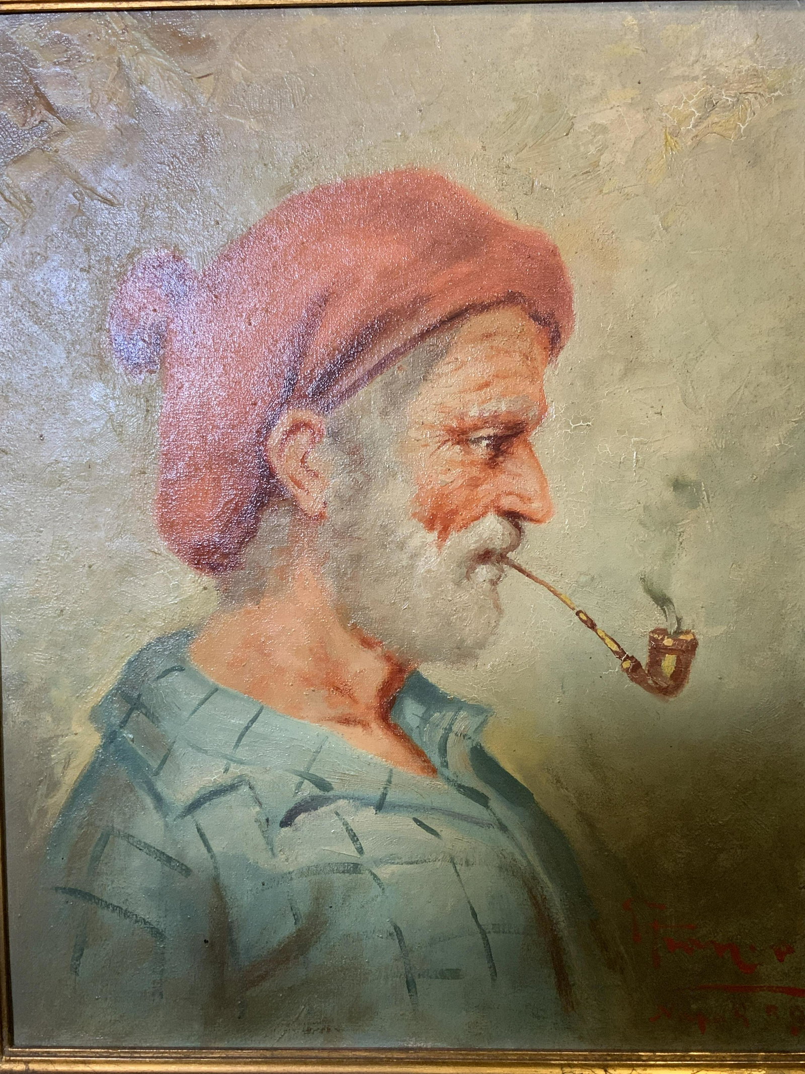 Signed Oil Painting on Canvas Pipe Smoker: Signed oil on canvas pipe smoker, signature and date to the lower right corner, signature illegible date possibly reads 59, text to verso reads ‘#5 Import. Pipe Smoker’, subject an older man in a 