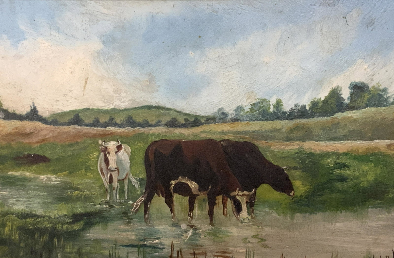 M.B.MILLER Signed Oil on Board Cows in Field 1910: Mildred Bunting Miller signed oil on board cows in field, signature to the lower right corner reads ‘M.B.Miller’, date next to signature reads 1910, label to reverse gives information on artist, s