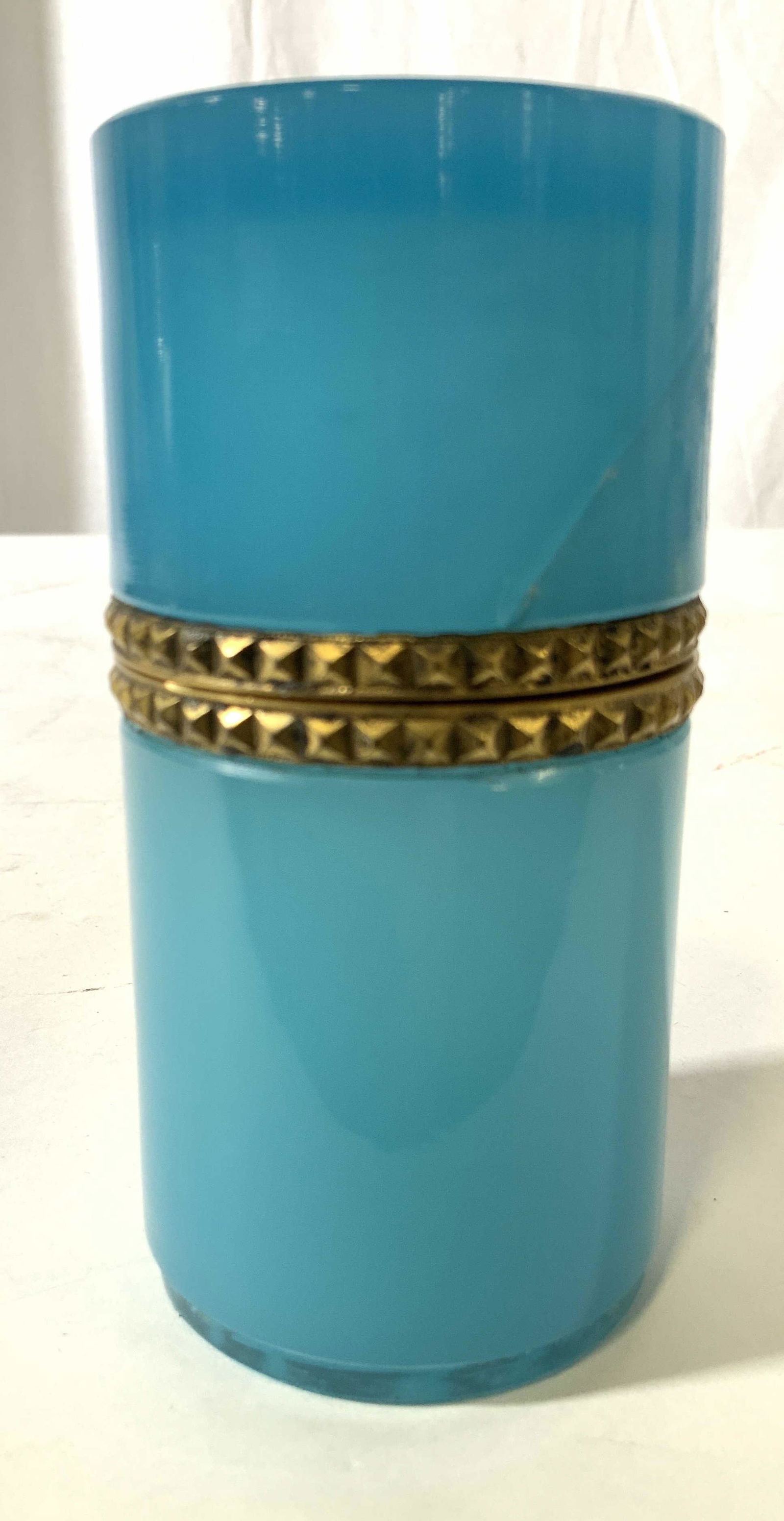 Vintage/ Antique Blue Opaline Glass Dresser Box: With hinged lid gilded frame, blue glass dresser box, trinket box, collectible, measures ht 5 inches diameter 2.5 inches, has rim chip and crack, decorative object, decorative accessory,