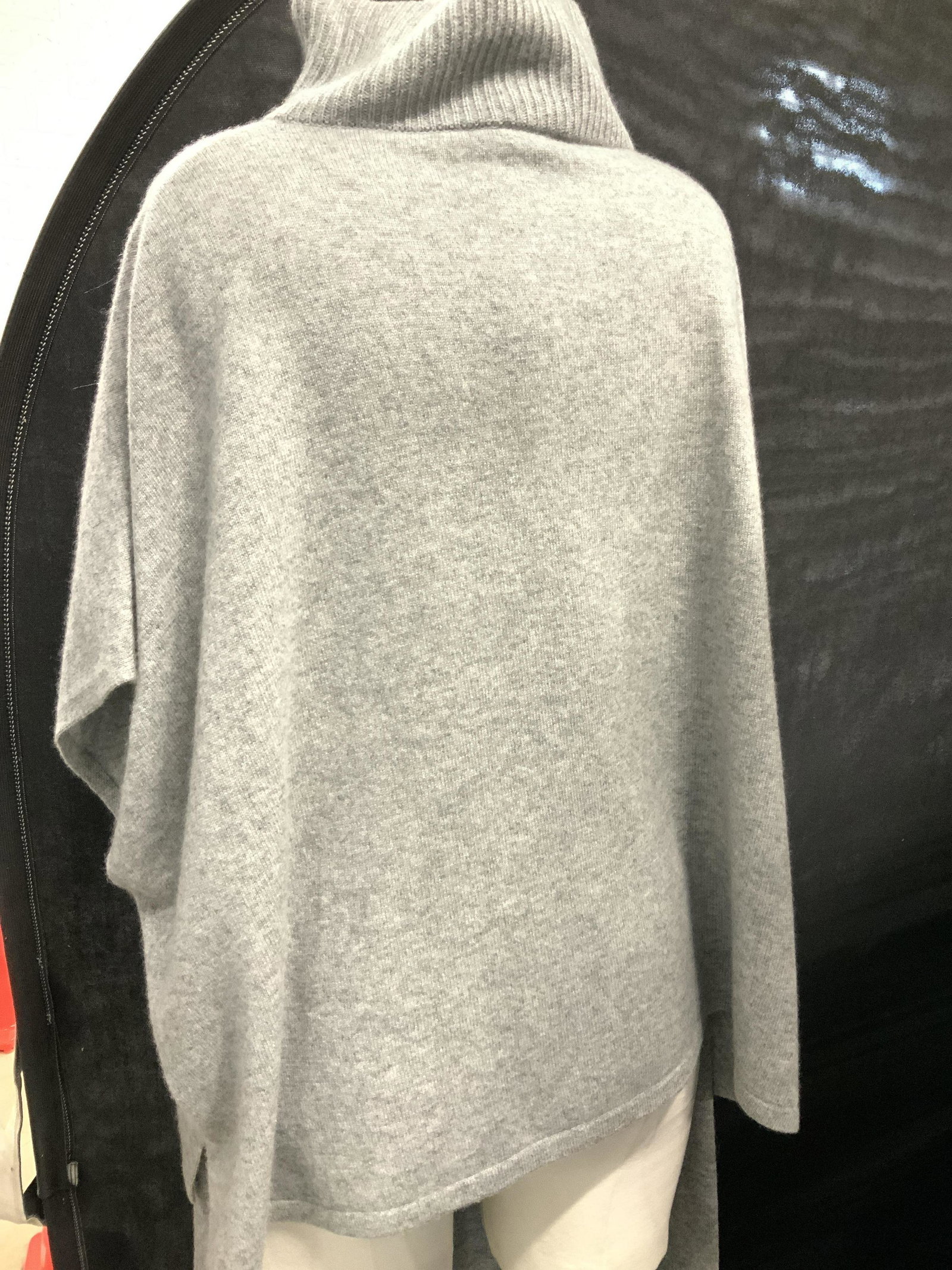 MAXMARA CASHMERE Sweater Cape & Pants Set: Matching set sweater and pants cashmere knitwear. Wide leg pants, 11 in. Inseam 27 in, total length 42.5 in. Waistband with cinch tie. Sweater cape, drape short sleeves, high ribbed collar, wide body 