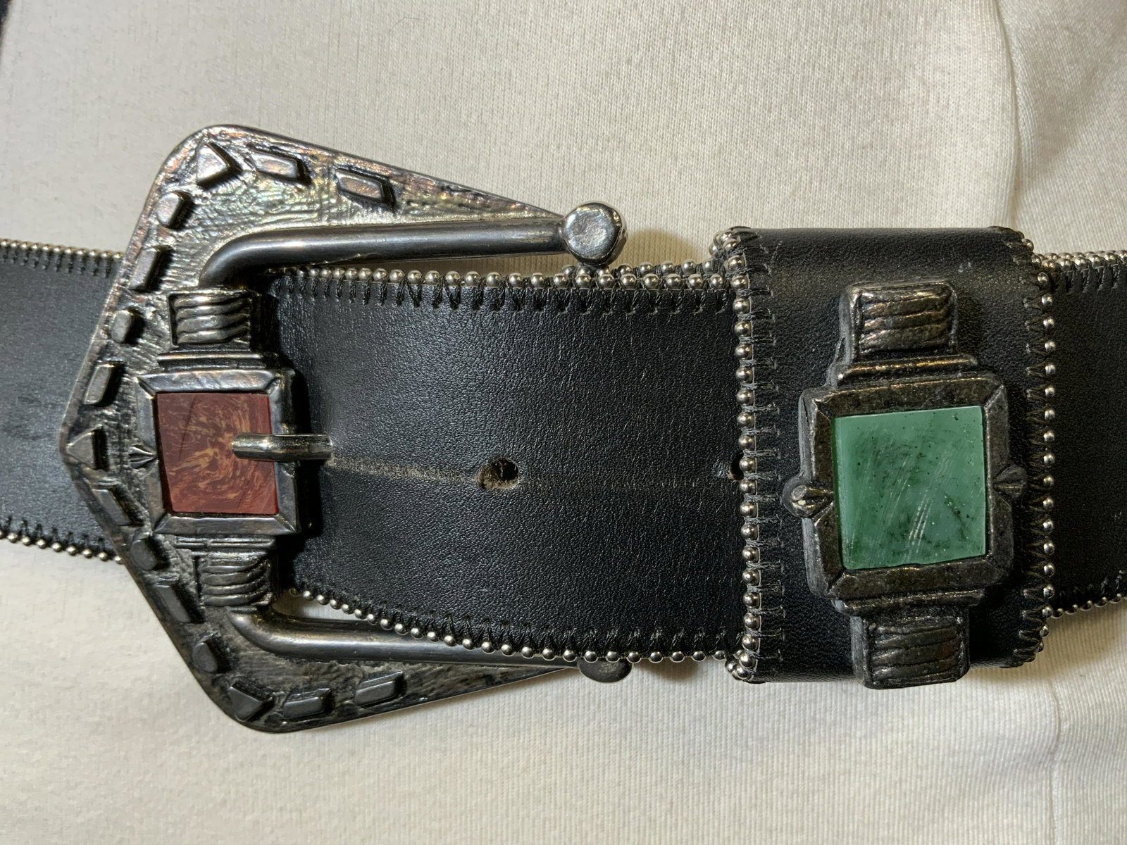 Leather Belt with Silver Buckle, Italy: Leather Belt with Silver Buckle, Italy, hand made, inscriptions read ‘ABC’ and ‘Made in Italy’, tested for .800 silver with Puritest kit, measures 44 1/4 inches long, buckle measures 3 7/8 x 3